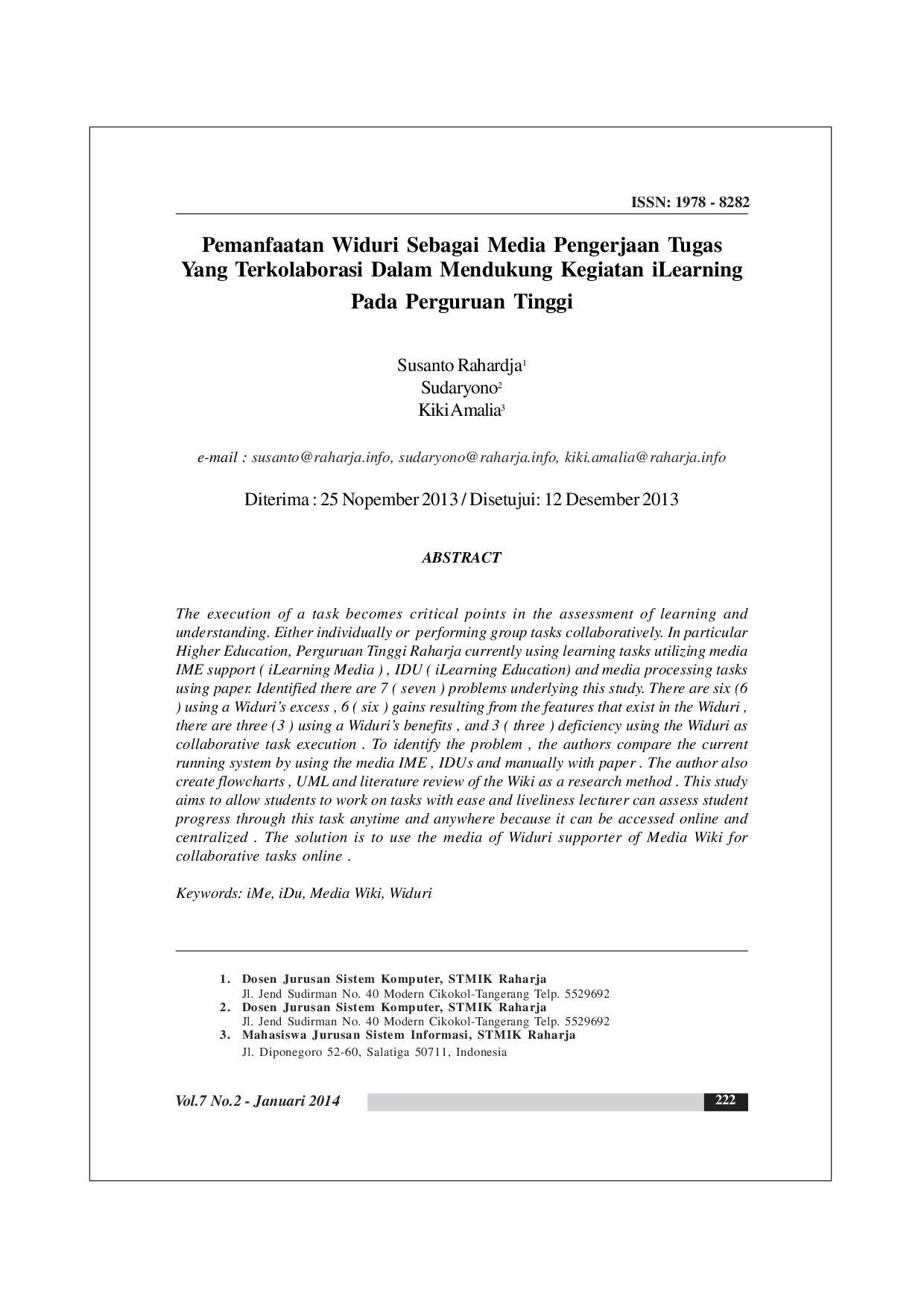 JURIS Pemanfaatan Widuri Sebagai Media Pengerjaan Tugas Yang Terkolaborasi Dalam Mendukung Kegiatan iLearning Pada Perguruan Tinggi