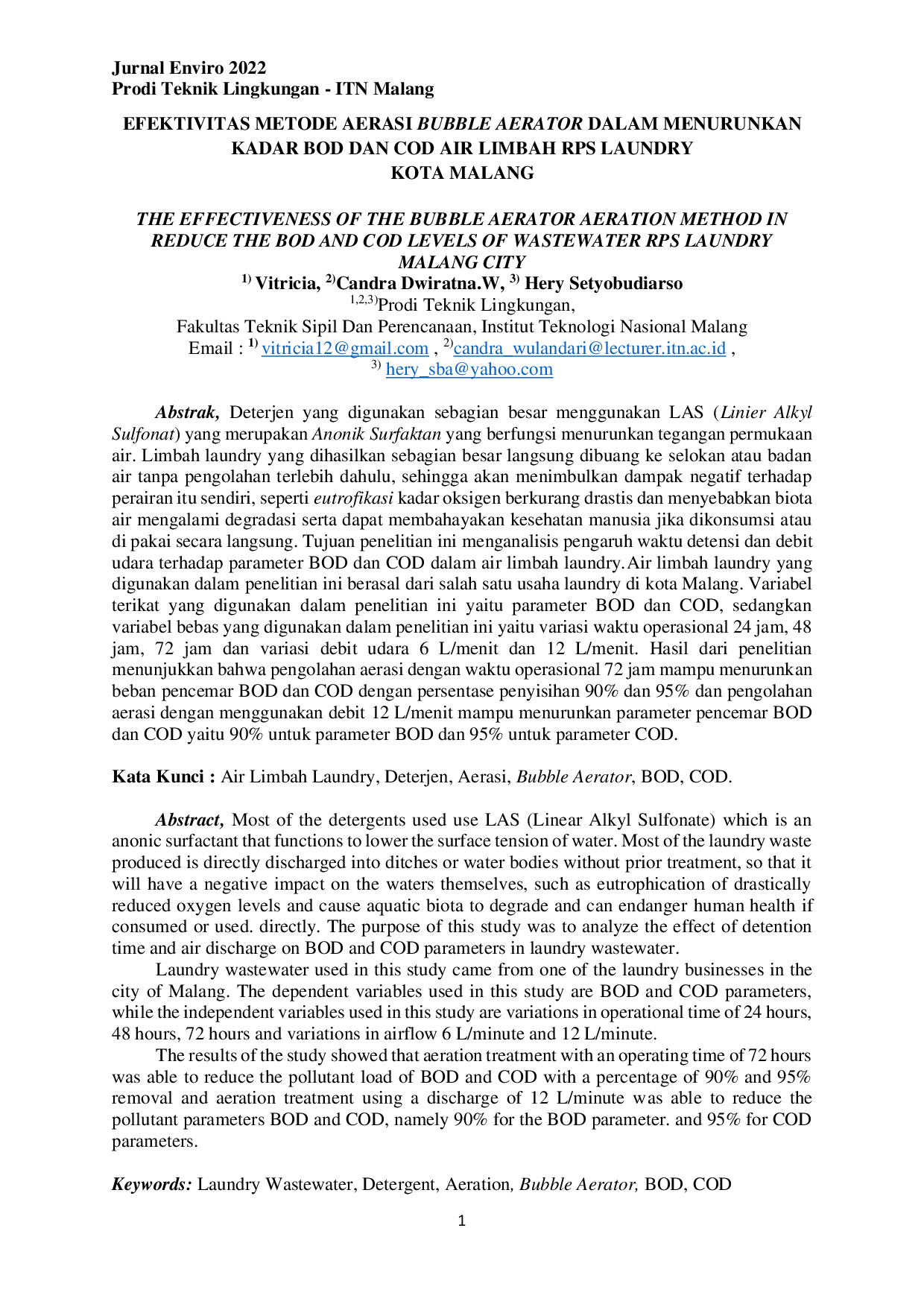 JURIS Efektivitas Metode Aerasi Bubble Aerator dalam Menurunkan Kadar BOD dan COD Air Limbah RPS Laundry Kota Malang