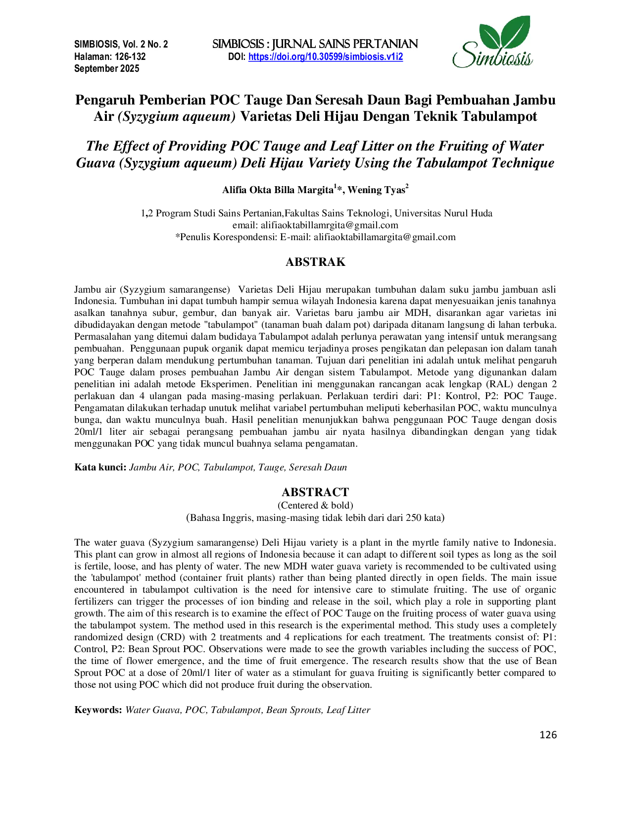 JURIS Pengaruh Pemberian POC Tauge Dan Seresah Daun Bagi Pembuahan Jambu Air Syzygium aqueum Varietas Deli Hijau Dengan Teknik