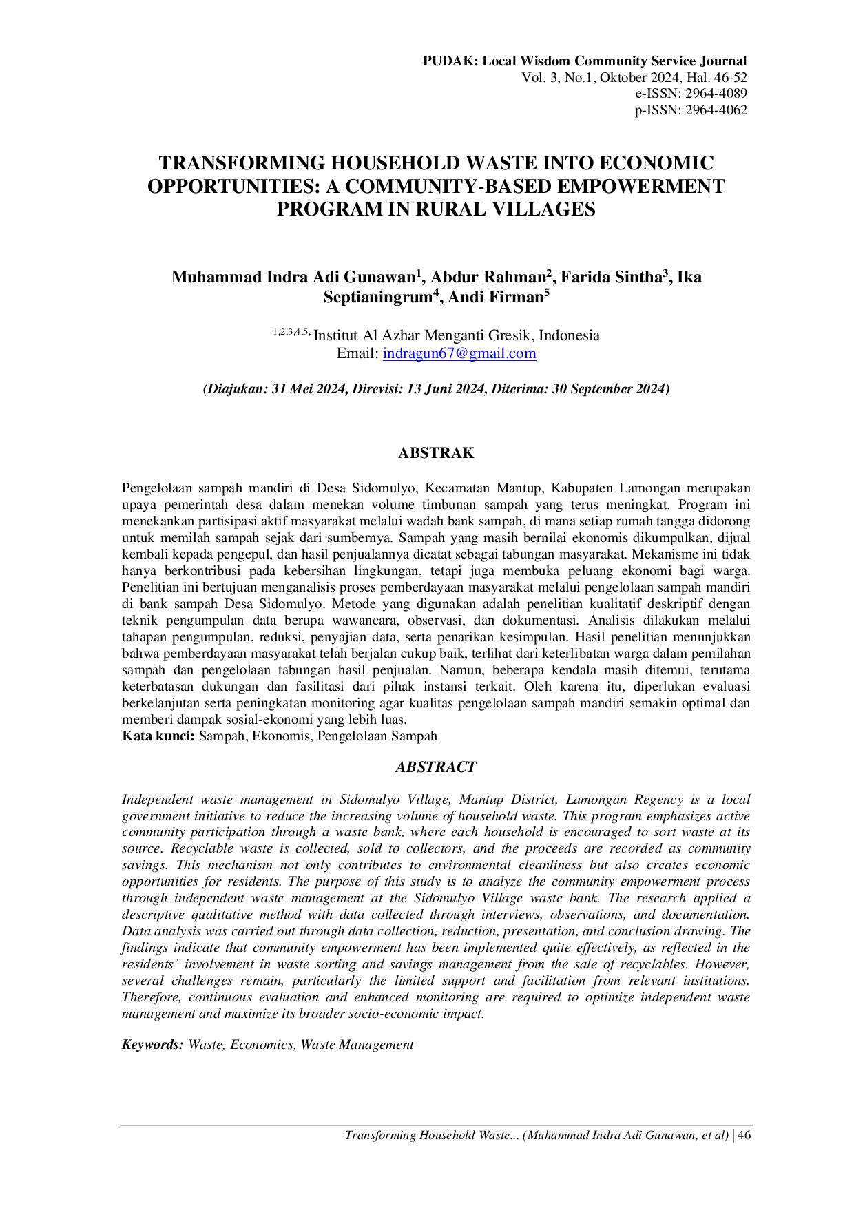 JURIS Transforming Household Waste into Economic Opportunities A Community Based Empowerment Program in Rural Villages