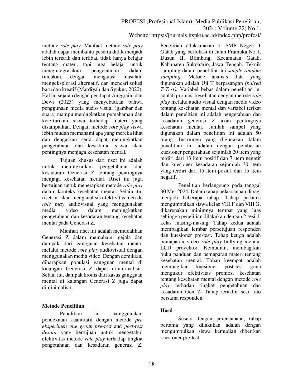 JURIS Efektivitas Promosi Kesehatan Tentang Kesehatan Mental Dengan Metode Role Play Terhadap Tingkat Pengetahuan Dan Kesadaran Gen Z