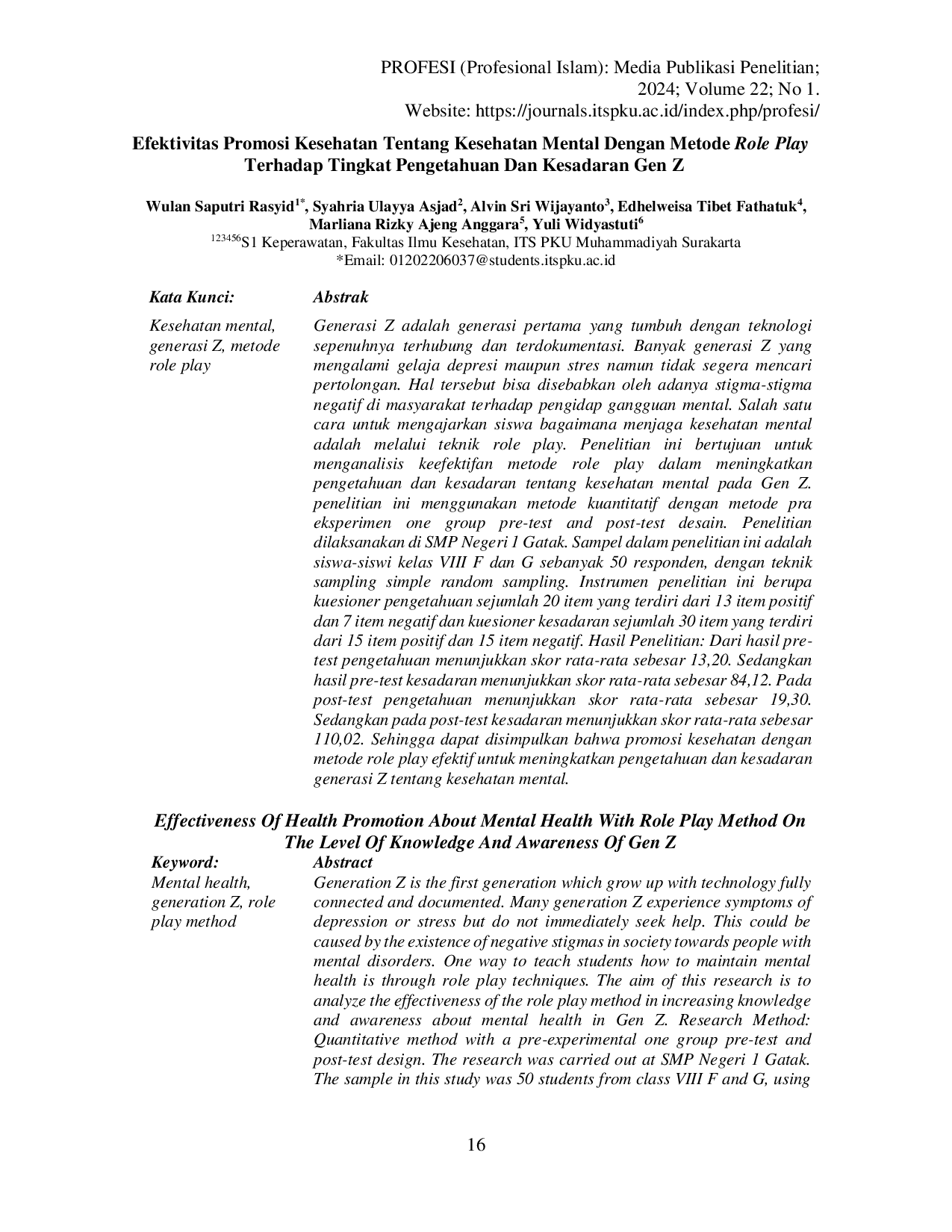 JURIS Efektivitas Promosi Kesehatan Tentang Kesehatan Mental Dengan Metode Role Play Terhadap Tingkat Pengetahuan Dan Kesadaran Gen Z