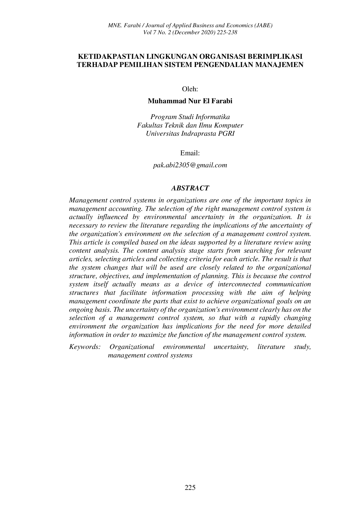 JURIS Ketidakpastian Lingkungan Organisasi Berimplikasi Terhadap Pemilihan Sistem Pengendalian Manajemen