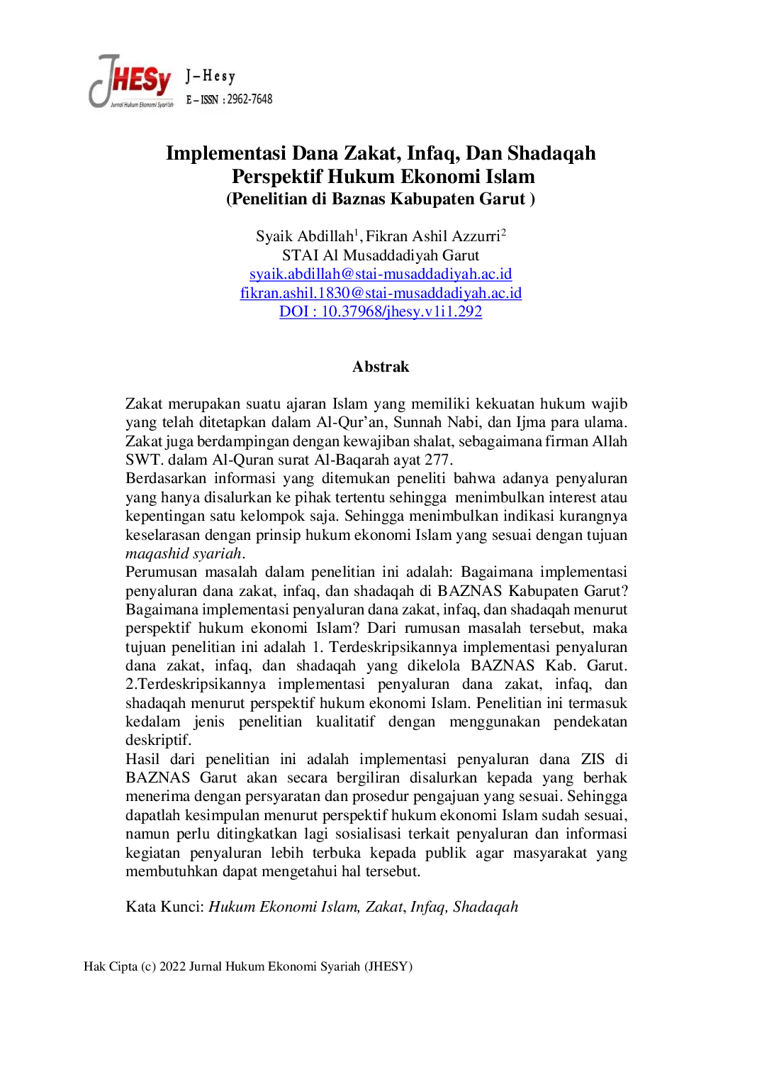 JURIS Implementasi Dana Zakat Infaq Dan Shadaqah Perspektif Hukum Ekonomi Islam Penelitian di Baznas Kabupaten Garut