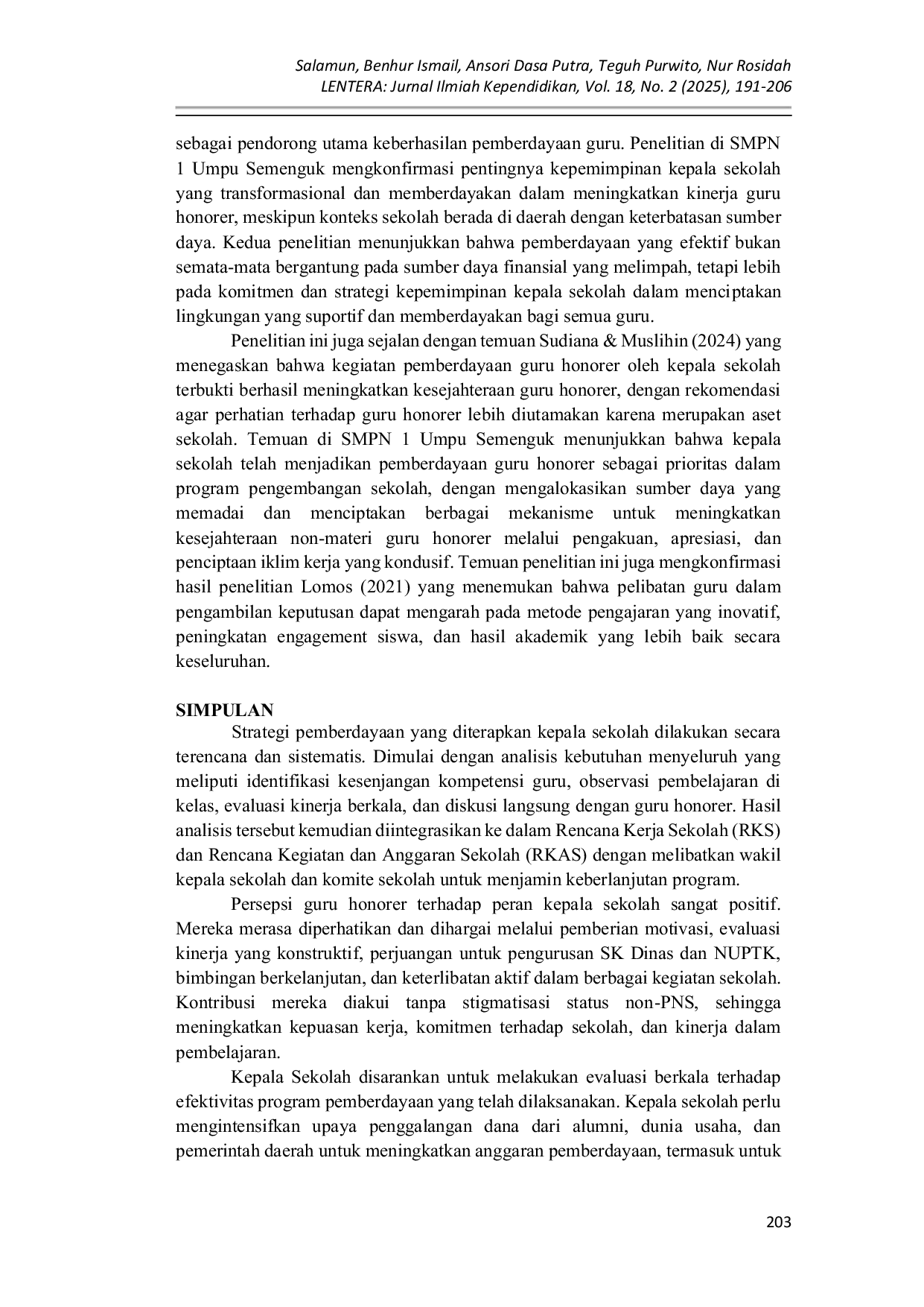 JURIS Peran Kepala Sekolah dalam Pemberdayaan Guru Honorer di SMPN 1 Umpu Semenguk Way Kanan