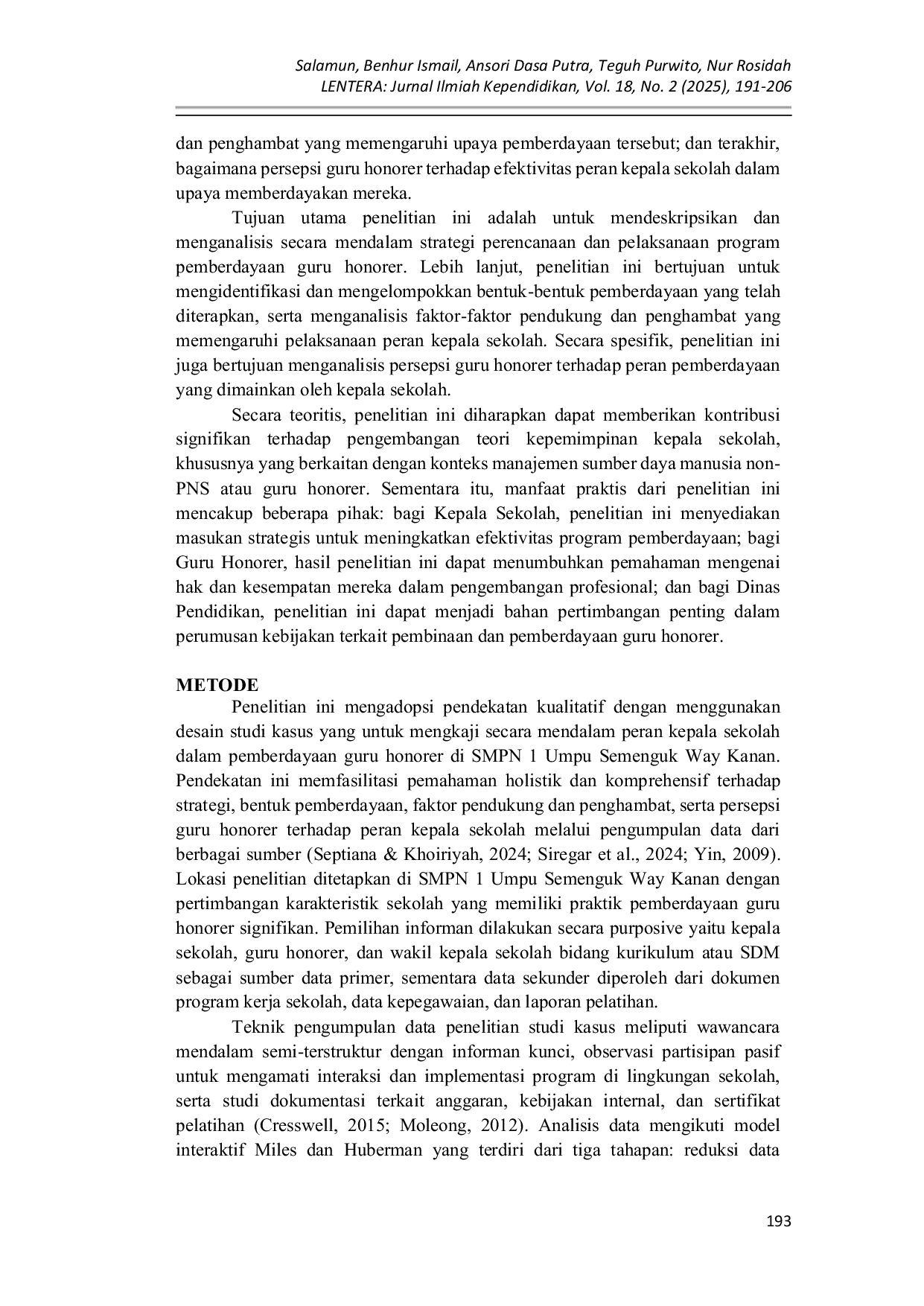 JURIS Peran Kepala Sekolah dalam Pemberdayaan Guru Honorer di SMPN 1 Umpu Semenguk Way Kanan