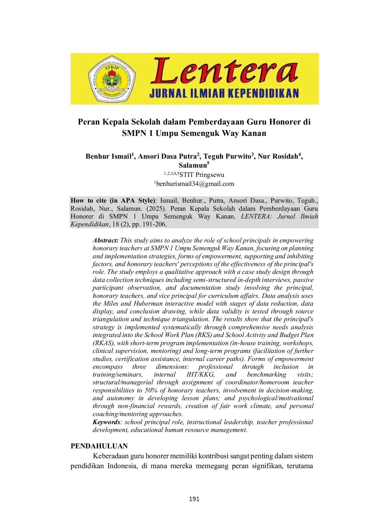 JURIS Peran Kepala Sekolah dalam Pemberdayaan Guru Honorer di SMPN 1 Umpu Semenguk Way Kanan