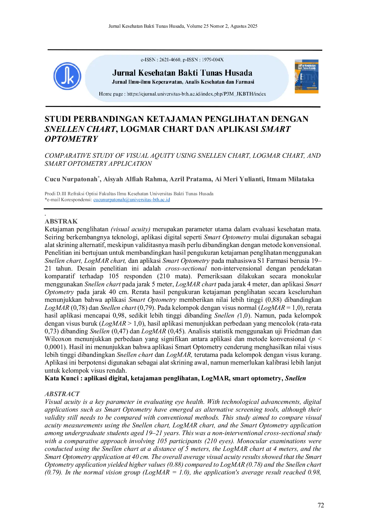 JURIS Studi Perbandingan Ketajaman Penglihatan dengan Snellen Chart LogMAR Chart dan Aplikasi Smart Optometry