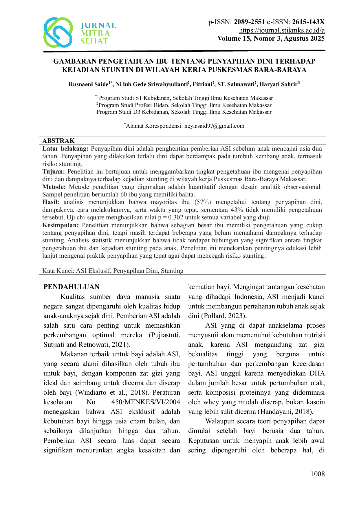JURIS Gambaran Pengetahuan Ibu Tentang Penyapihan Dini Terhadap Kejadian Stunting Di Wilayah Kerja Puskesmas Bara Baraya