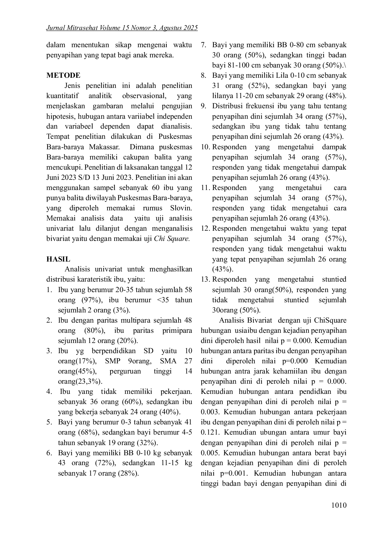 JURIS Gambaran Pengetahuan Ibu Tentang Penyapihan Dini Terhadap Kejadian Stunting Di Wilayah Kerja Puskesmas Bara Baraya