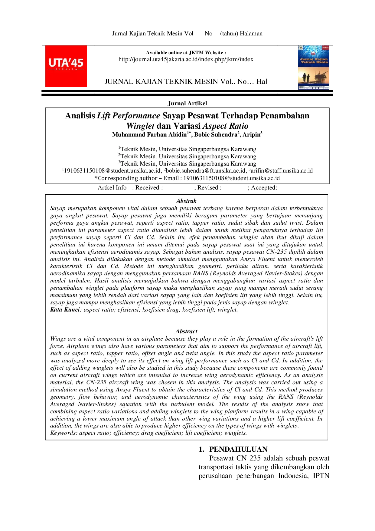 JURIS Analisis Lift Performance Sayap Pesawat Terhadap Penambahan Winglet dan Variasi Aspect Ratio
