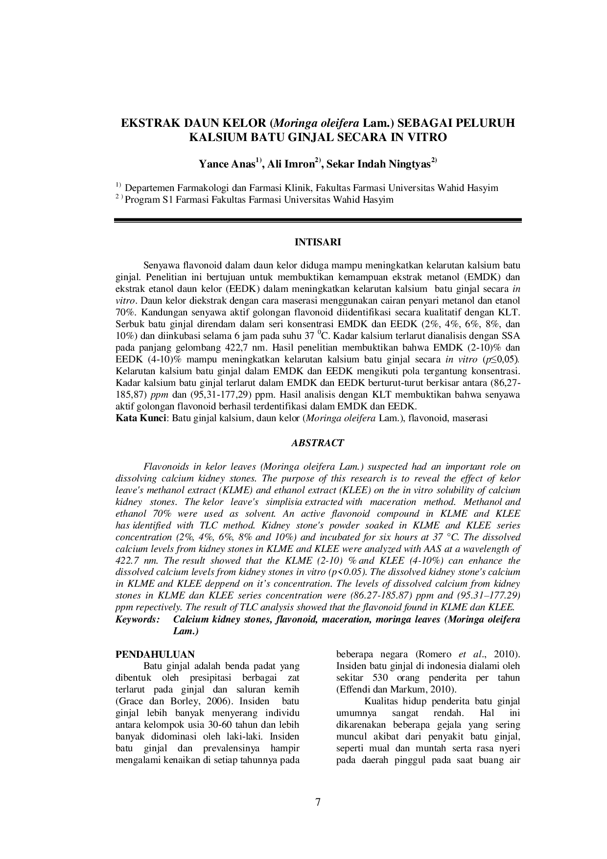 juris Ekstrak Daun Kelor Moringa Oleifera Lam Sebagai Peluruh Kalsium Batu Ginjal Secara In Vitro
