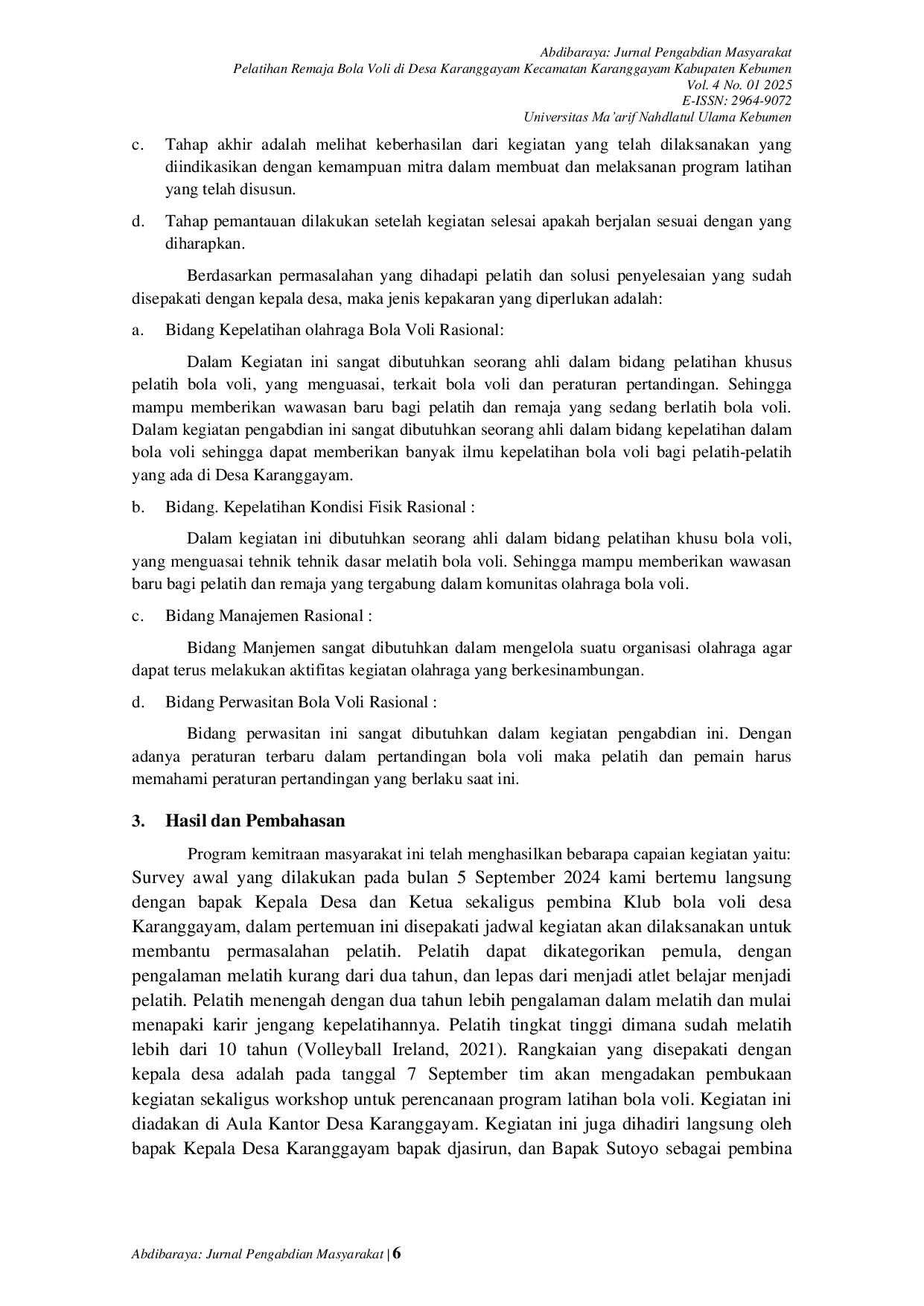 JURIS Pelatihan Remaja Bola Voli di Desa Karanggayam Kecamatan Karanggayam Kabupaten Kebumen