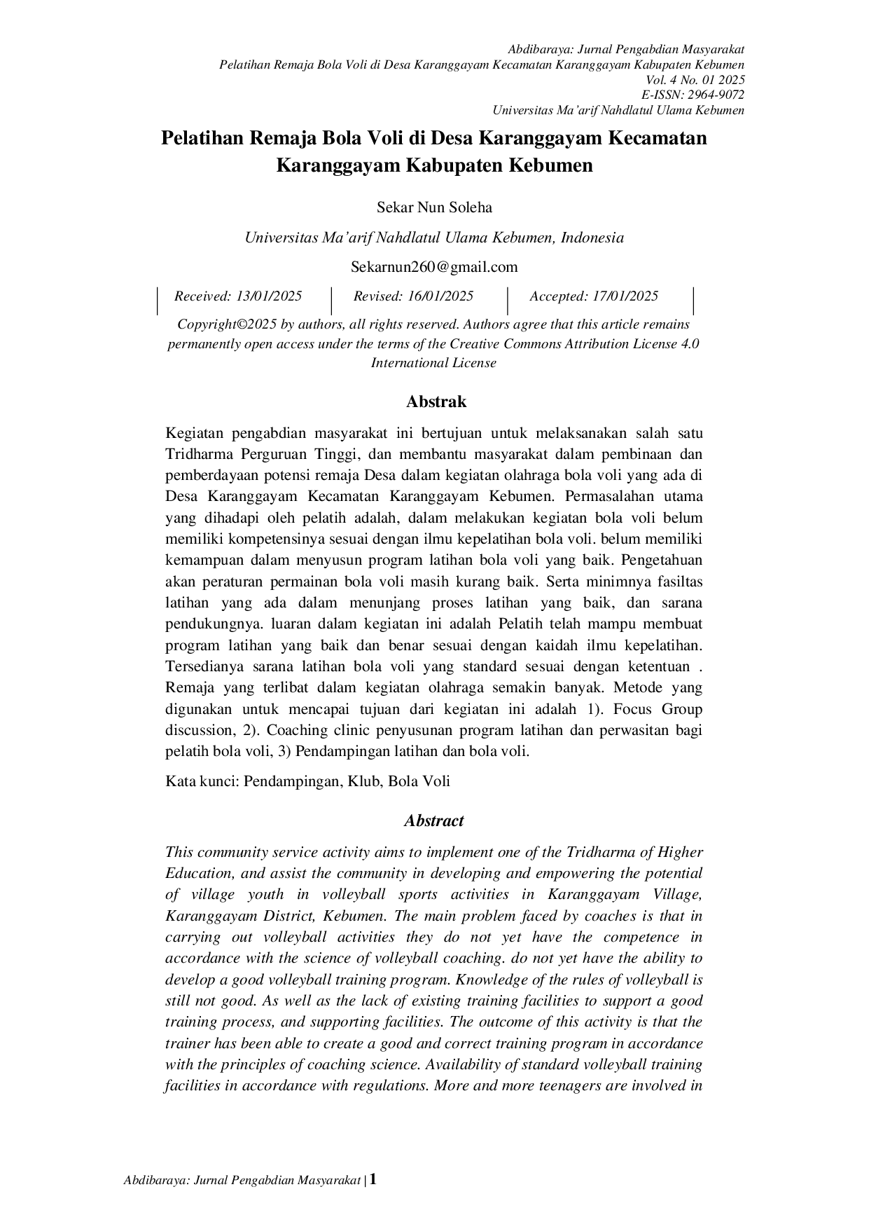 JURIS Pelatihan Remaja Bola Voli di Desa Karanggayam Kecamatan Karanggayam Kabupaten Kebumen