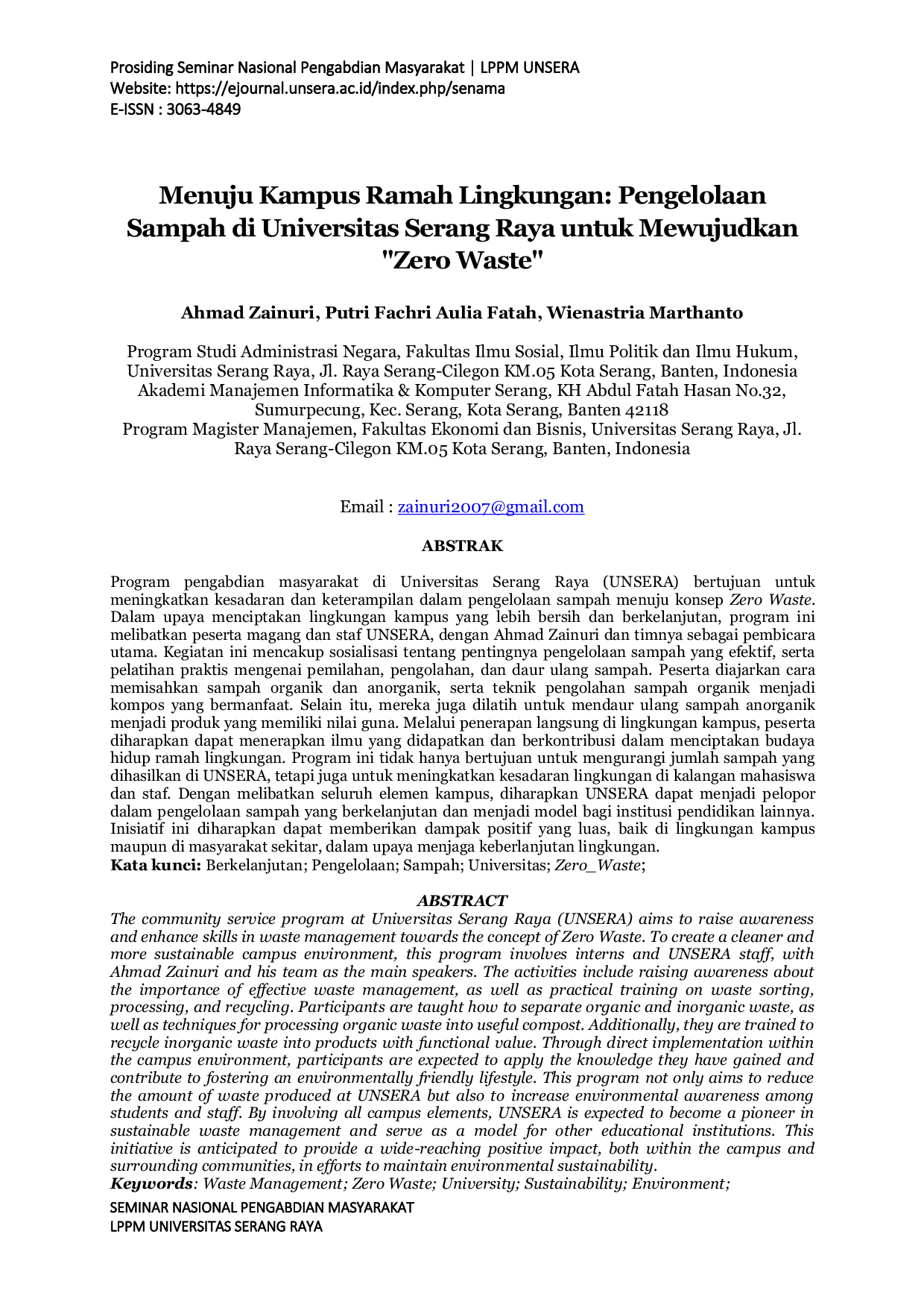JURIS Menuju Kampus Ramah Lingkungan Pengelolaan Sampah di Universitas Serang Raya untuk Mewujudkan Zero Waste