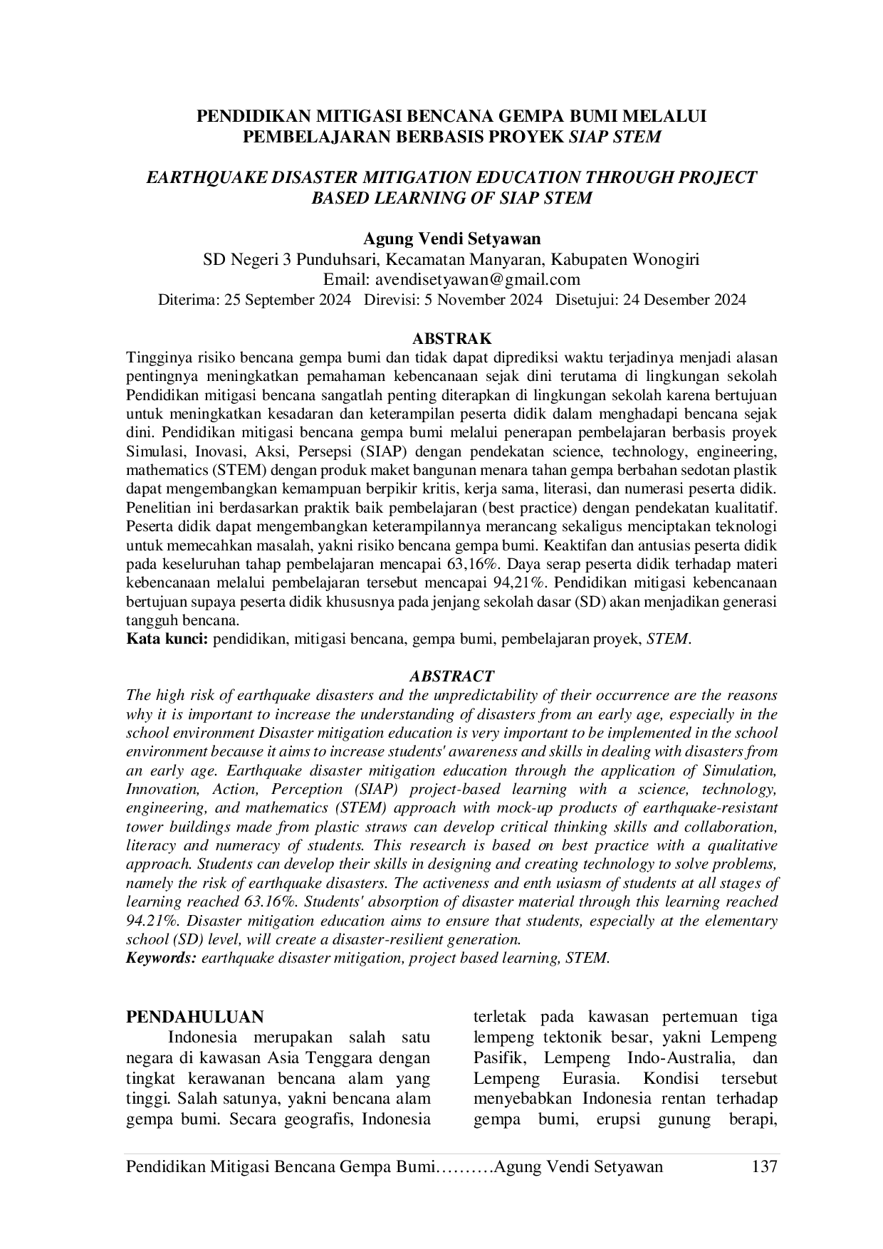 JURIS Pendidikan Mitigasi Bencana Gempa Bumi Melalui Pembelajaran Berbasis Proyek Siap Stem