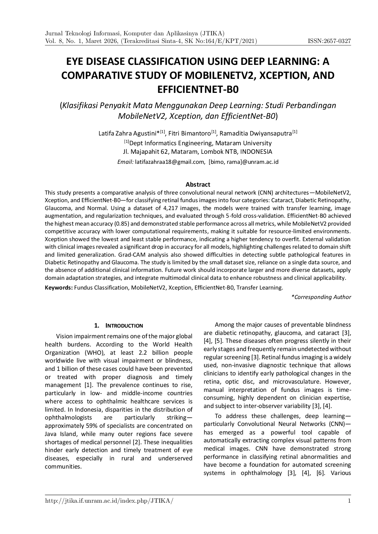 JURIS Eye Disease Classification Using Deep Learning A Comparative Study of MobileNetV2 Xception and EfficientNet B0