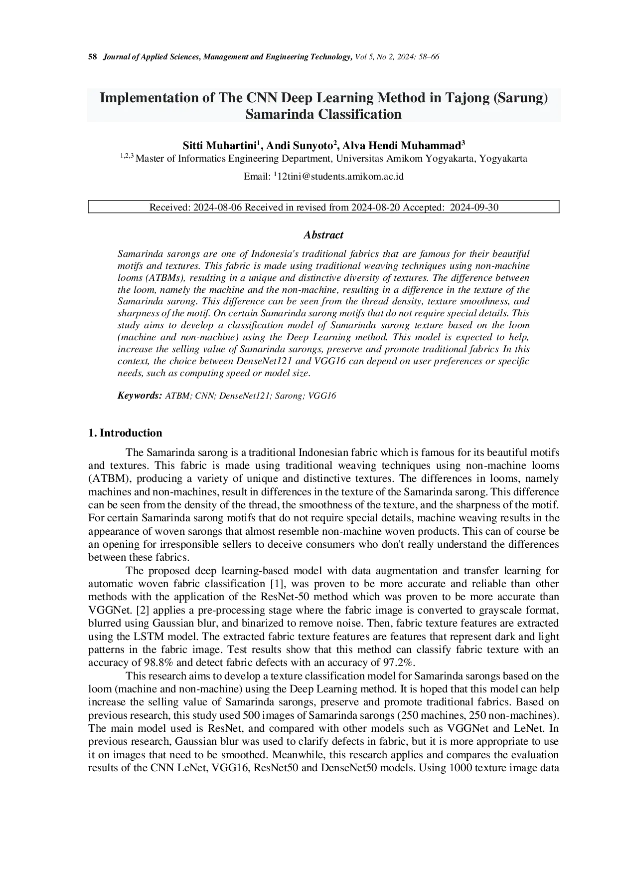 JURIS Implementation of the CNN Deep Learning Method in Tajong Sarung Samarinda Classification