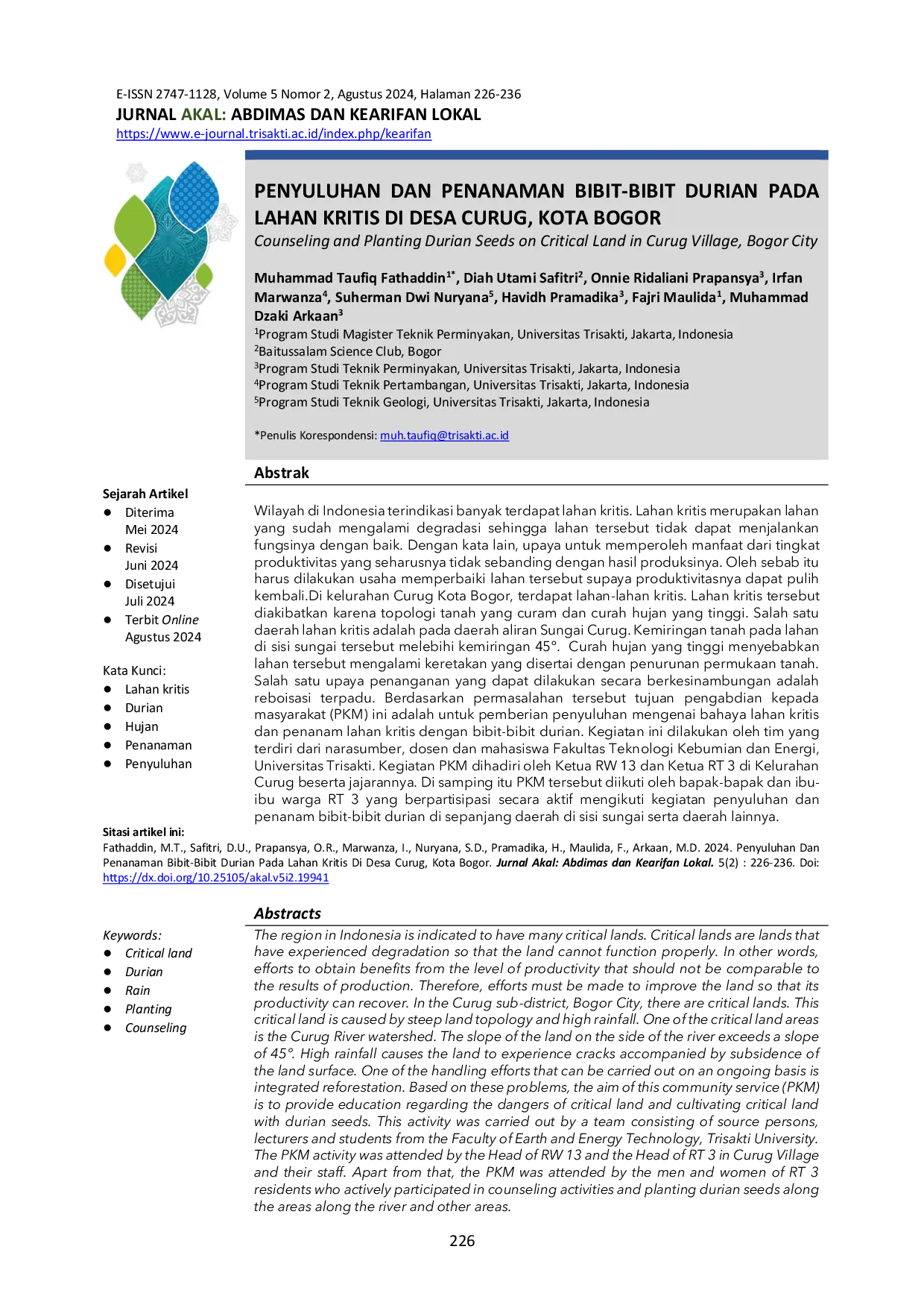 JURIS Penyuluhan Dan Penanaman Bibit Bibit Durian Pada Lahan Kritis Di Desa Curug Kota Bogor