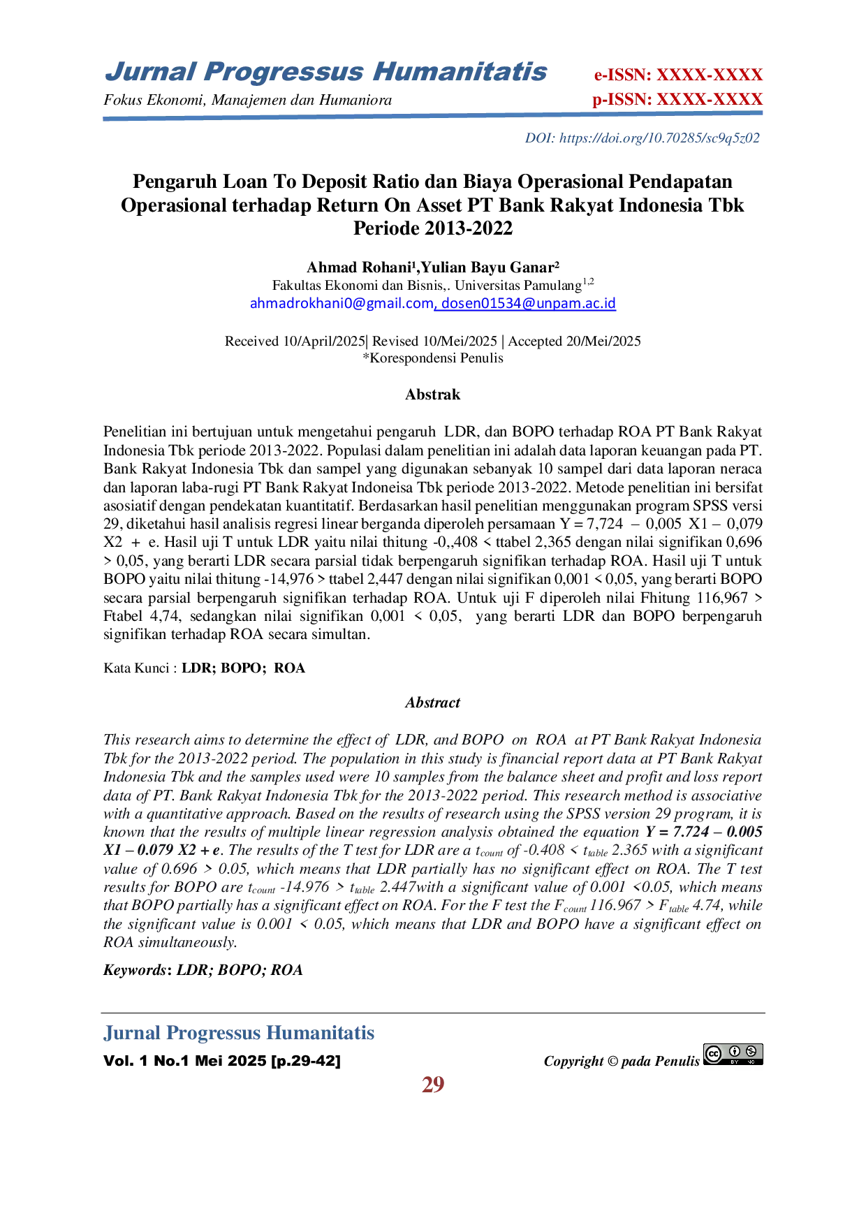 JURIS Pengaruh Loan To Deposit Ratio dan Biaya Operasional Pendapatan Operasional terhadap Return On Asset PT Bank Rakyat Indonesia Tbk Periode 2013 2022