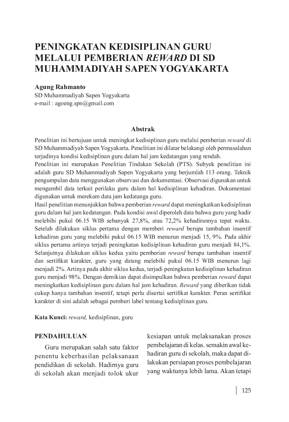 JURIS Peningkatan Kedisiplinan Guru Melalui Pemberian Reward di SD Muhammadiyah Sapen Yogyakarta