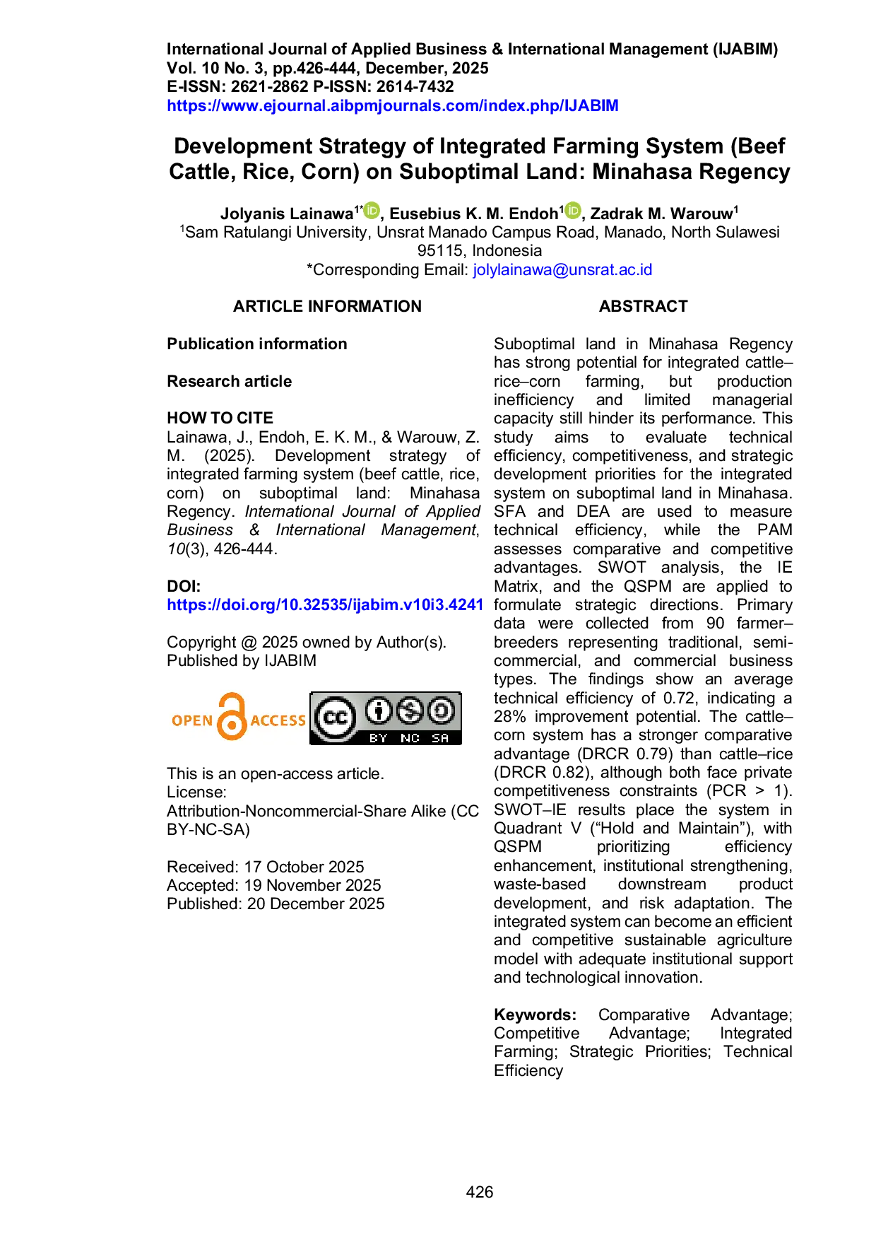 JURIS Development Strategy of Integrated Farming System Beef Cattle Rice Corn on Suboptimal Land Minahasa Regency