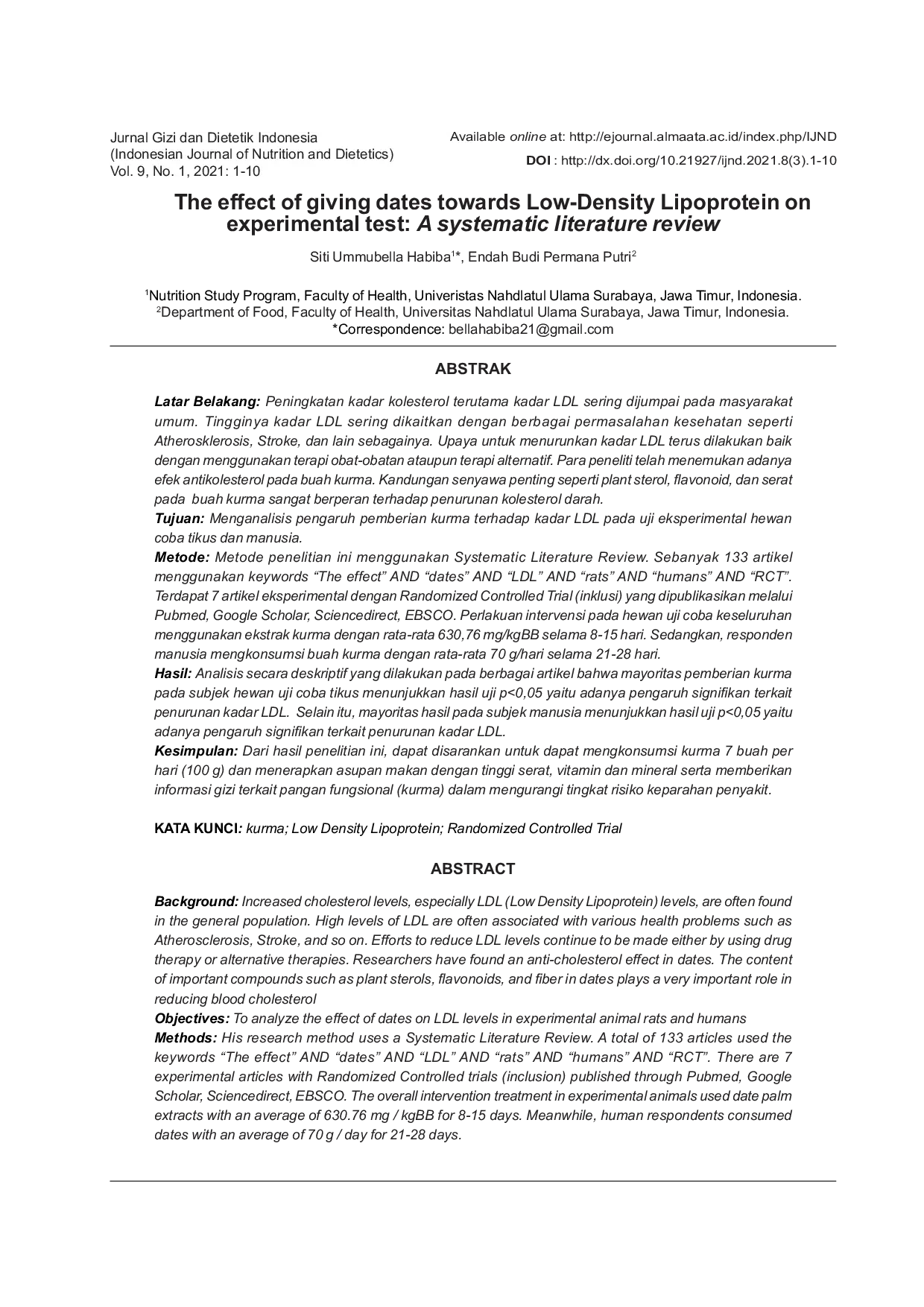 JURIS The Effect Of Giving Dates Towards Low Density Lipoprotein On Experimental Test A Systematic Literature Review