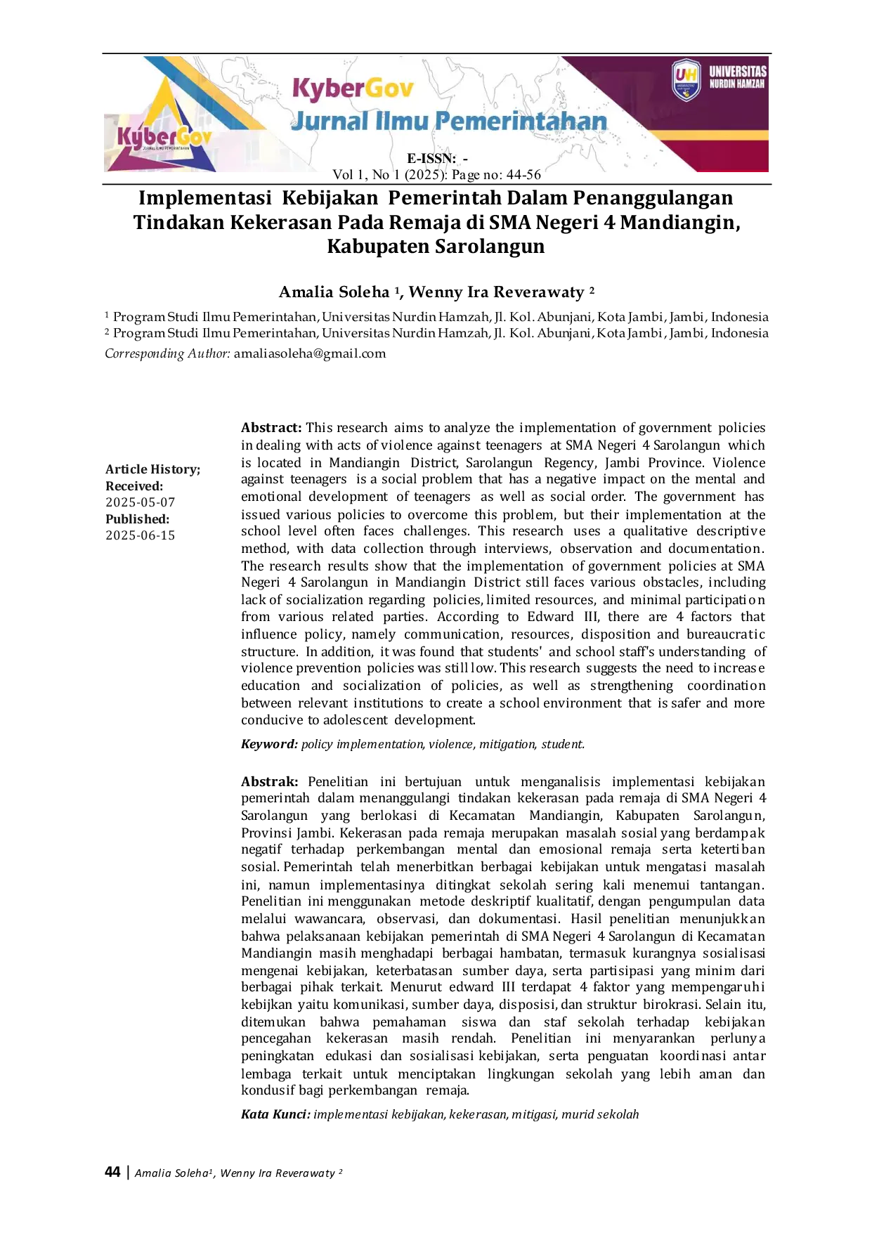 JURIS Implementasi Kebijakan Pemerintah Dalam Penanggulangan Tindakan Kekerasan Pada Remaja di SMA Negeri 4 Mandiangin Kabupaten Sarolangun