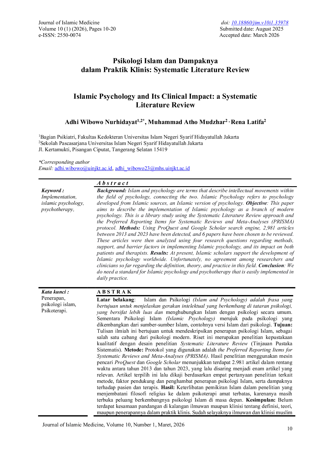 JURIS Islamic Psychology and Its Clinical Impact a Systematic Literature Review