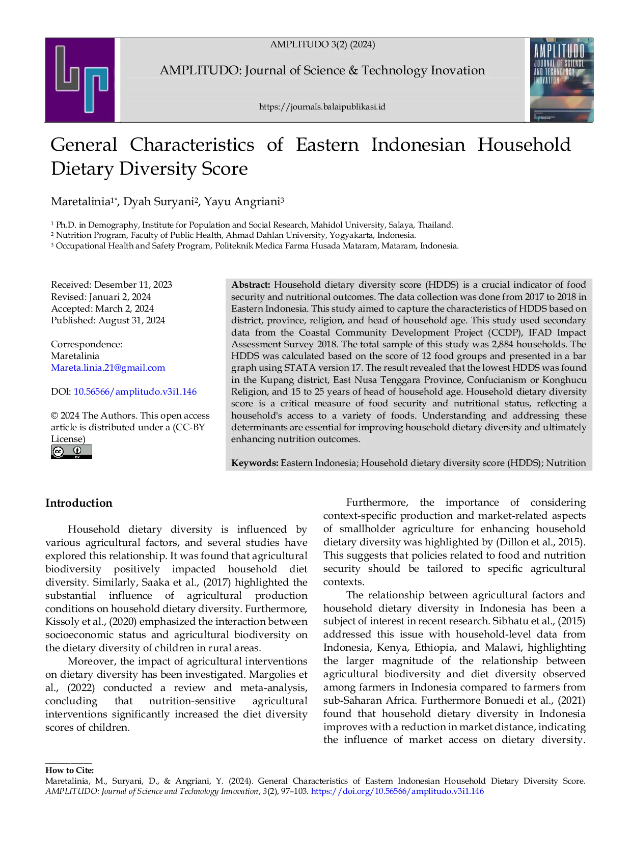 JURIS General Characteristics of Eastern Indonesian Household Dietary Diversity Score