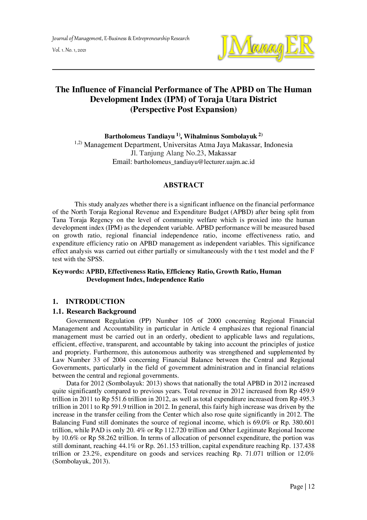 JURIS The Influence of Financial Performance of The APBD on The Human Development Index IPM of Toraja Utara District Perspective Post Expansion