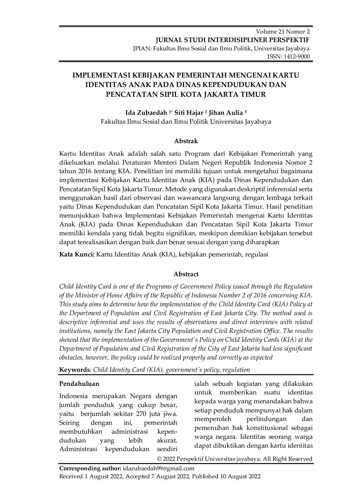 JURIS Implementasi Kebijakan Pemerintah Mengenai Kartu Identitas Anak Pada Dinas Kependudukan Dan Pencatatan Sipil Kota Jakarta Timur