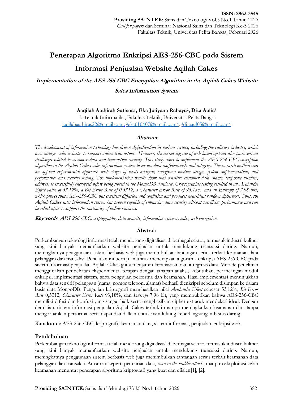 JURIS Penerapan Algoritma Enkripsi AES 256 CBC pada Sistem Informasi Penjualan Website Aqilah Cakes Kecamatan Cikarang Selatan
