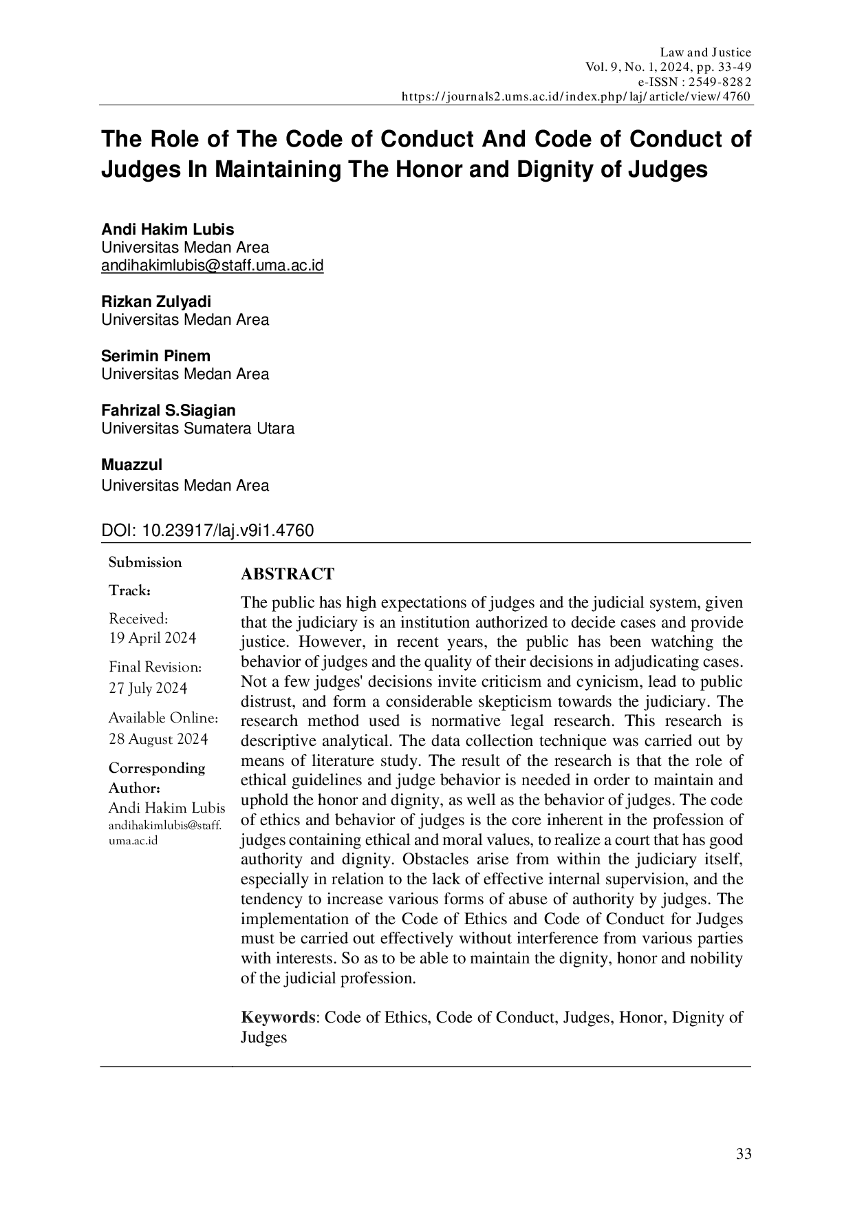 JURIS The Role of the Code of Ethics and Code of Conduct in Maintaining the Honor and Dignity of Judges