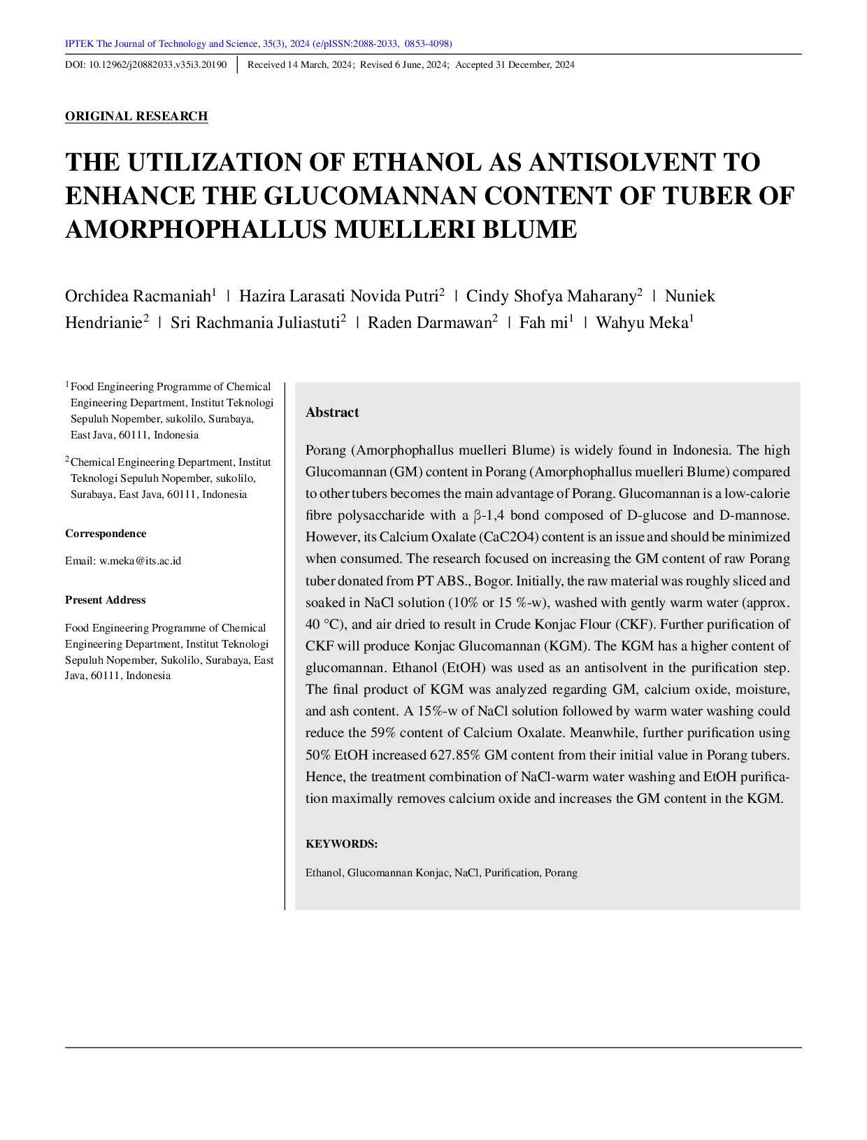 JURIS The Utilization of Ethanol as Antisolvent to Enhance the Glucomannan Content of Tuber of Amorphophallus muelleri Blume
