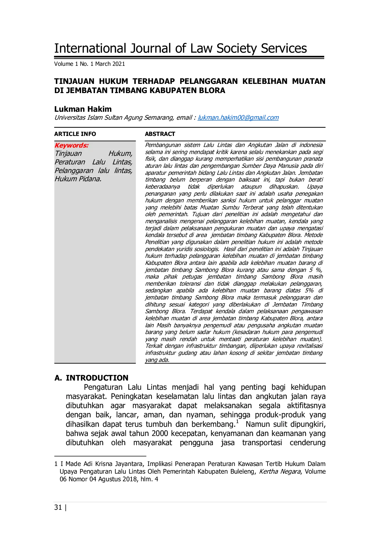 JURIS Tinjauan Hukum Terhadap Pelanggaran Kelebihan Muatan Di Jembatan Timbang Kabupaten Blora