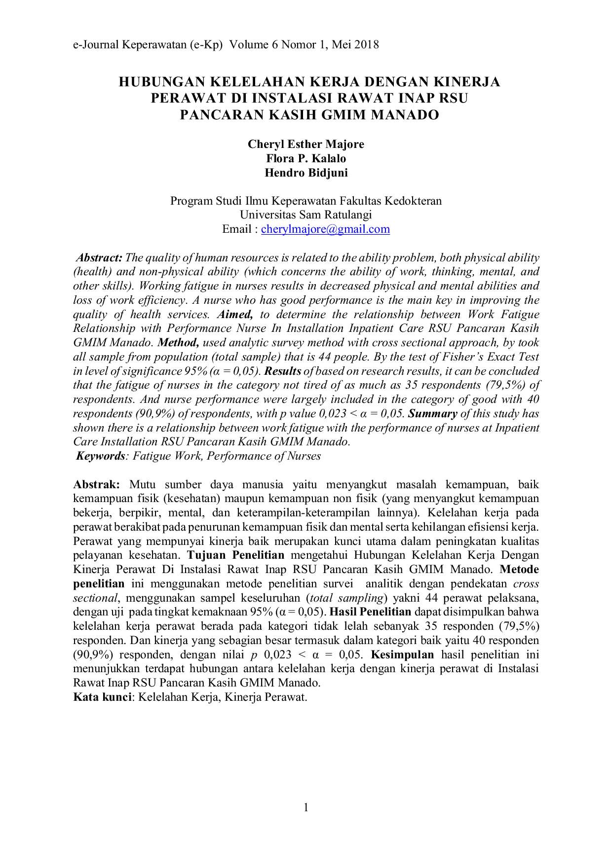 JURIS Hubungan Kelelahan Kerja Dengan Kinerja Perawat Di Instalasi Rawat Inap RSU Pancaran Kasih GMIM Manado