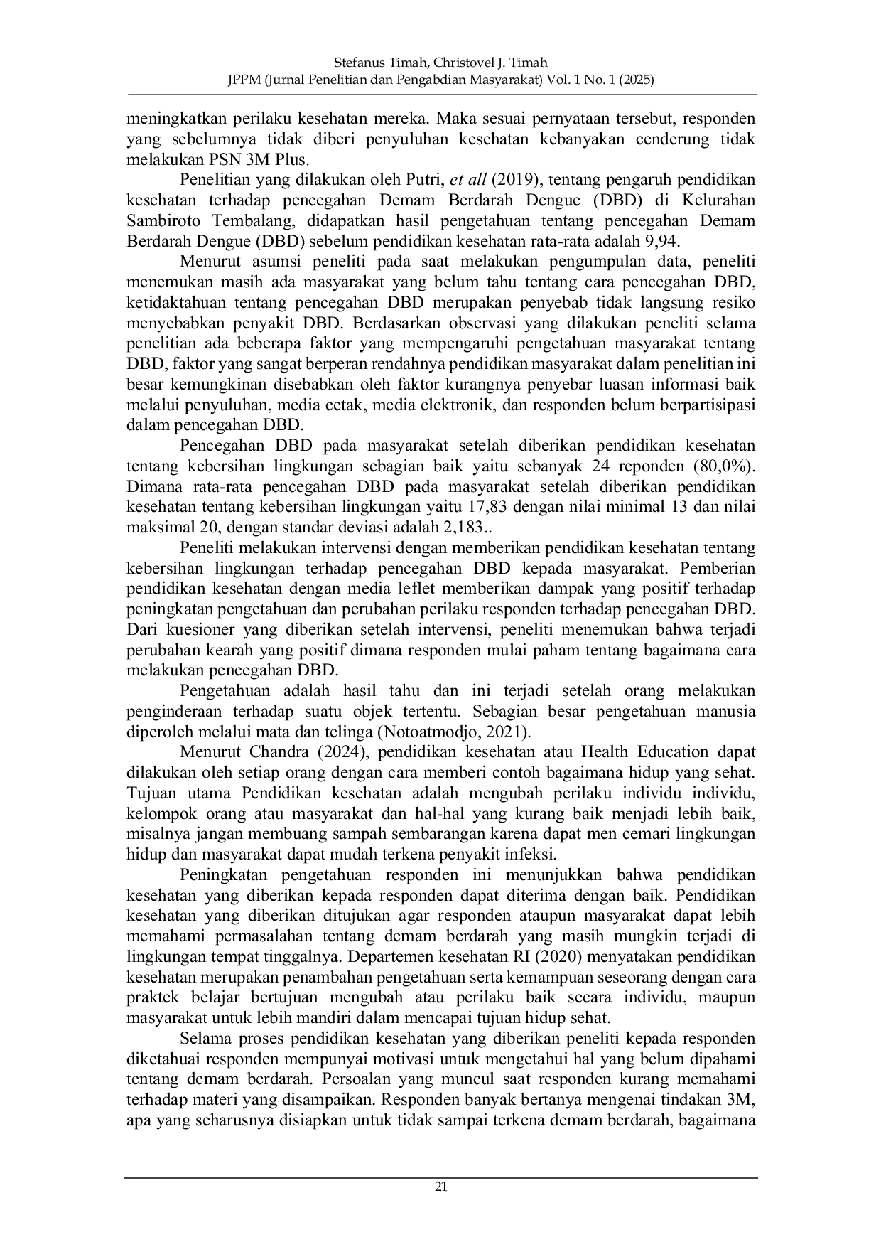 JURIS Pengaruh Pendidikan Kesehatan Tentang Kebersihan Lingkungan Terhadap Pencegahan Demam Berdarah Dengue