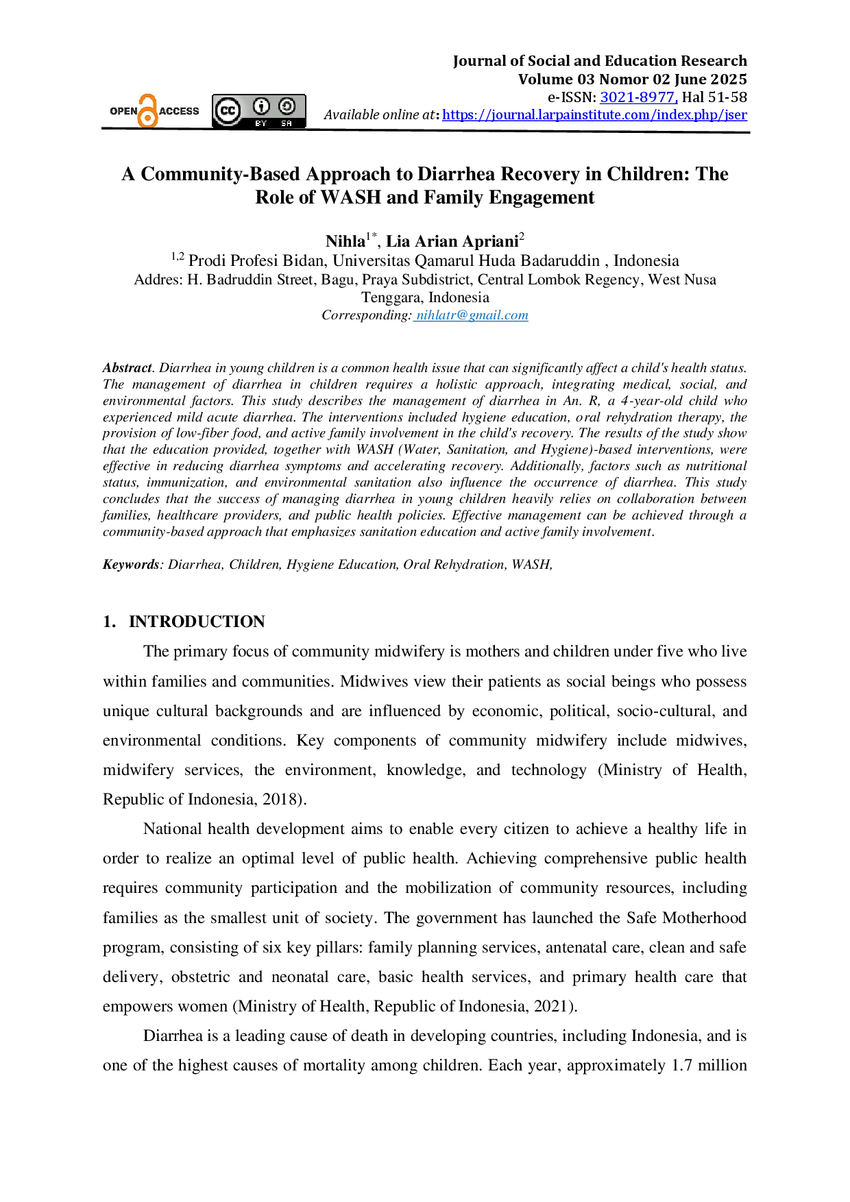 juris A Community Based Approach to Diarrhea Recovery in Children The Role of WASH and Family Engagement