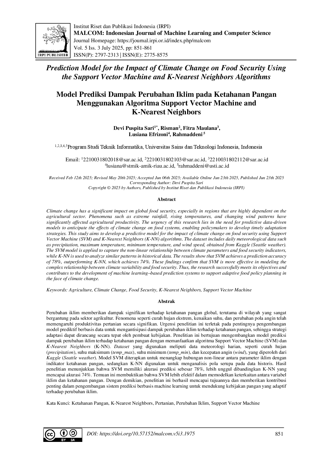 juris Model Prediksi Dampak Perubahan Iklim pada Ketahanan Pangan Menggunakan Algoritma Support Vector Machine and K Nearest Neighbors