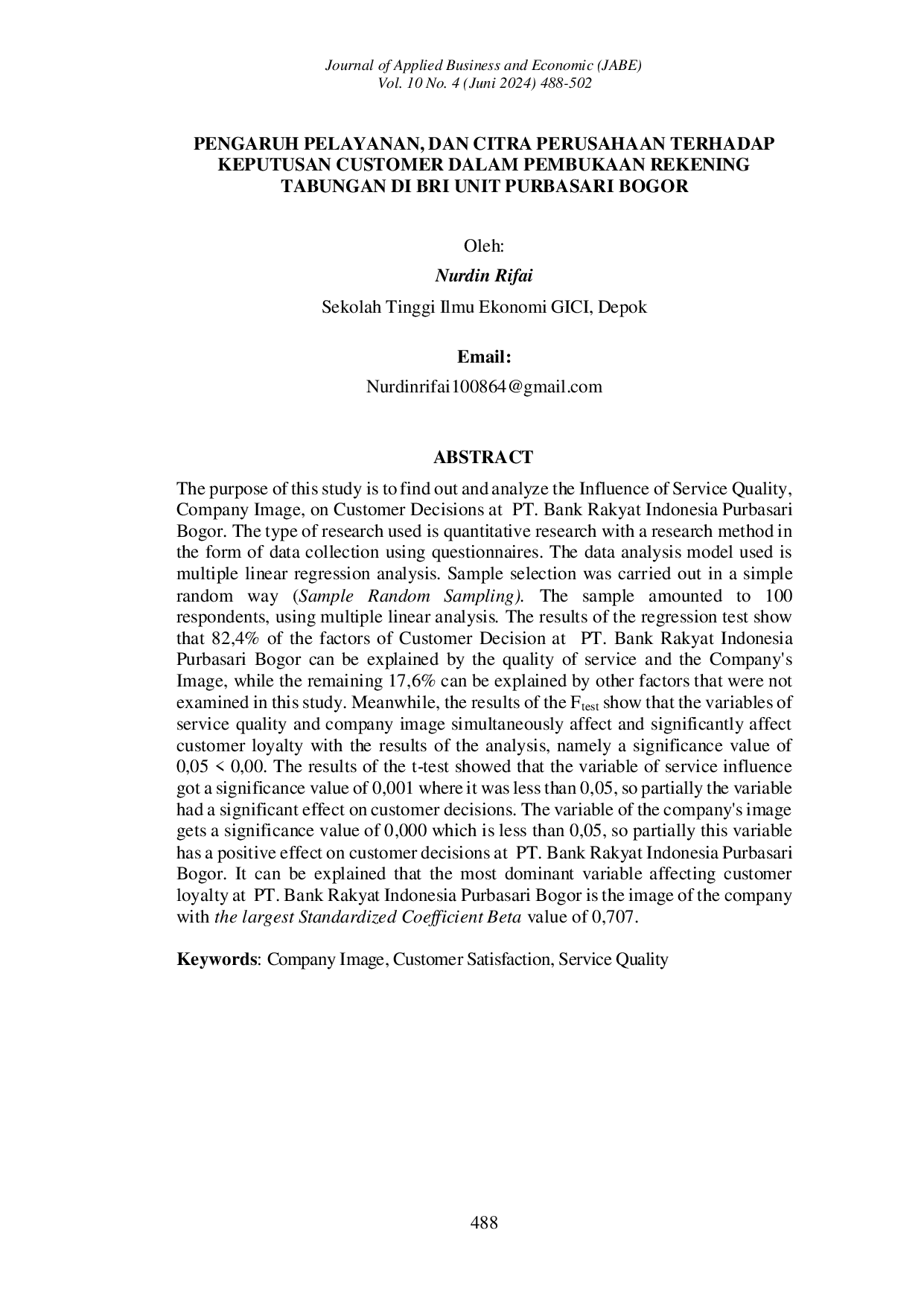 JURIS Pengaruh Pelayanan Dan Citra Perusahaan Terhadap Keputusan Customer Dalam Pembukaan Rekening Tabungan Di Bri Unit Purbasari Bogor