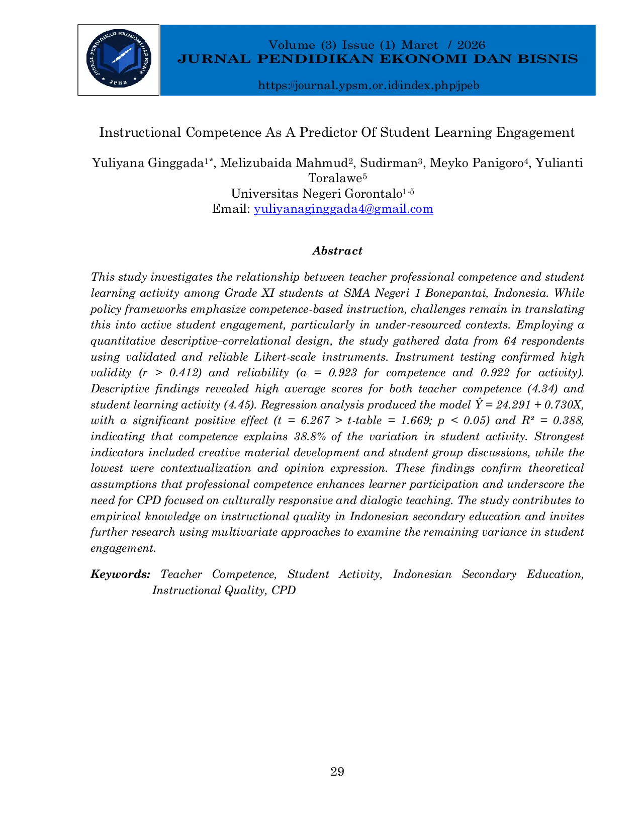 JURIS Instructional Competence as a Predictor of Student Learning Engagement