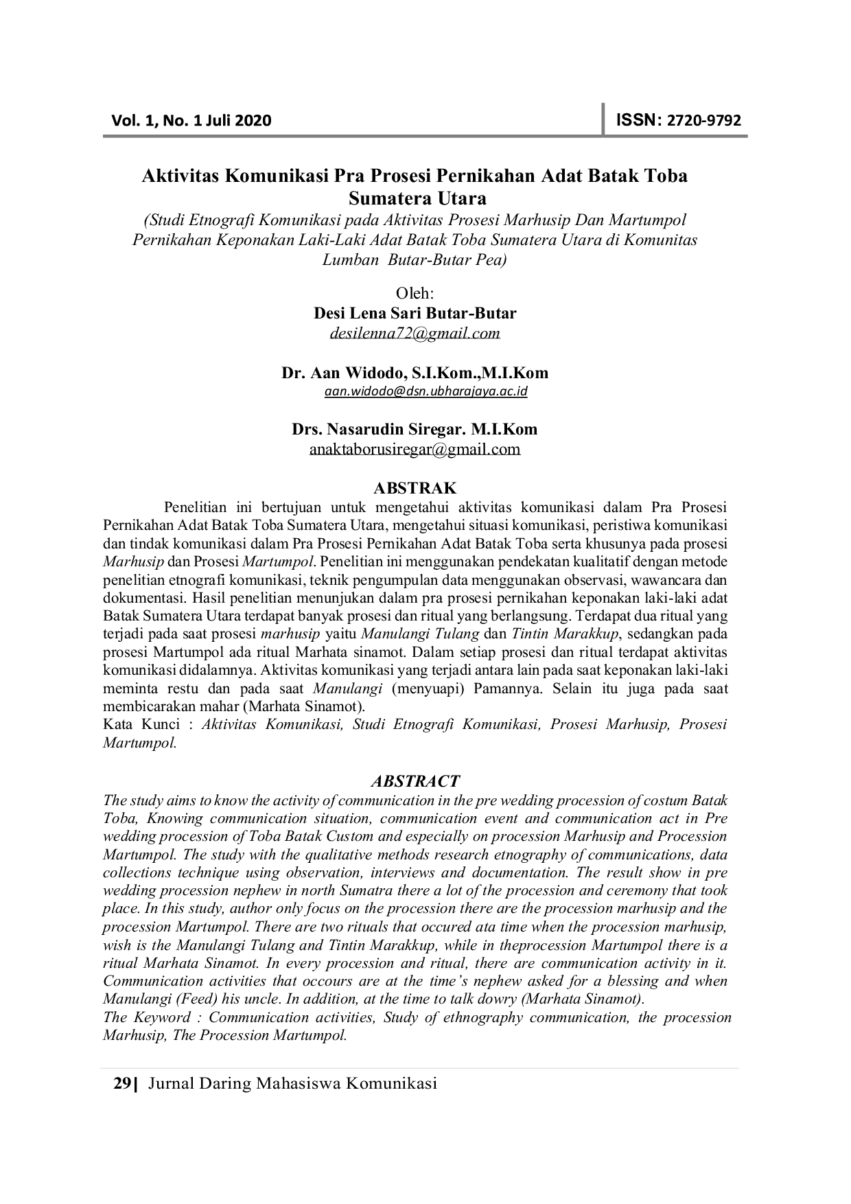 JURIS Aktivitas Komunikasi Pra Prosesi Pernikahan Adat Batak Toba Sumatera Utara Studi Etnografi Komunikasi pada Aktivitas Prosesi Marhusip Dan Martumpol Pernikahan Keponakan Laki Laki Adat Batak Toba Su
