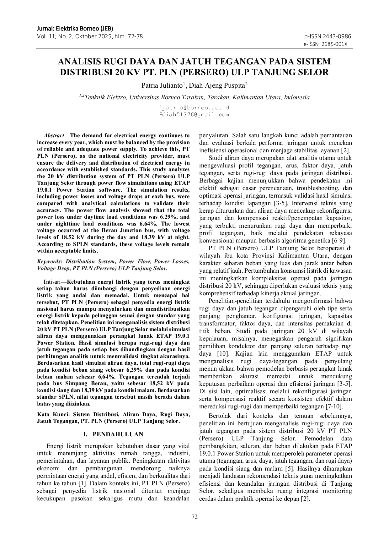 JURIS Analisis Rugi Daya dan Jatuh Tegangan pada Sistem Distribusi 20 kV PT PLN Persero ULP Tanjung Selor