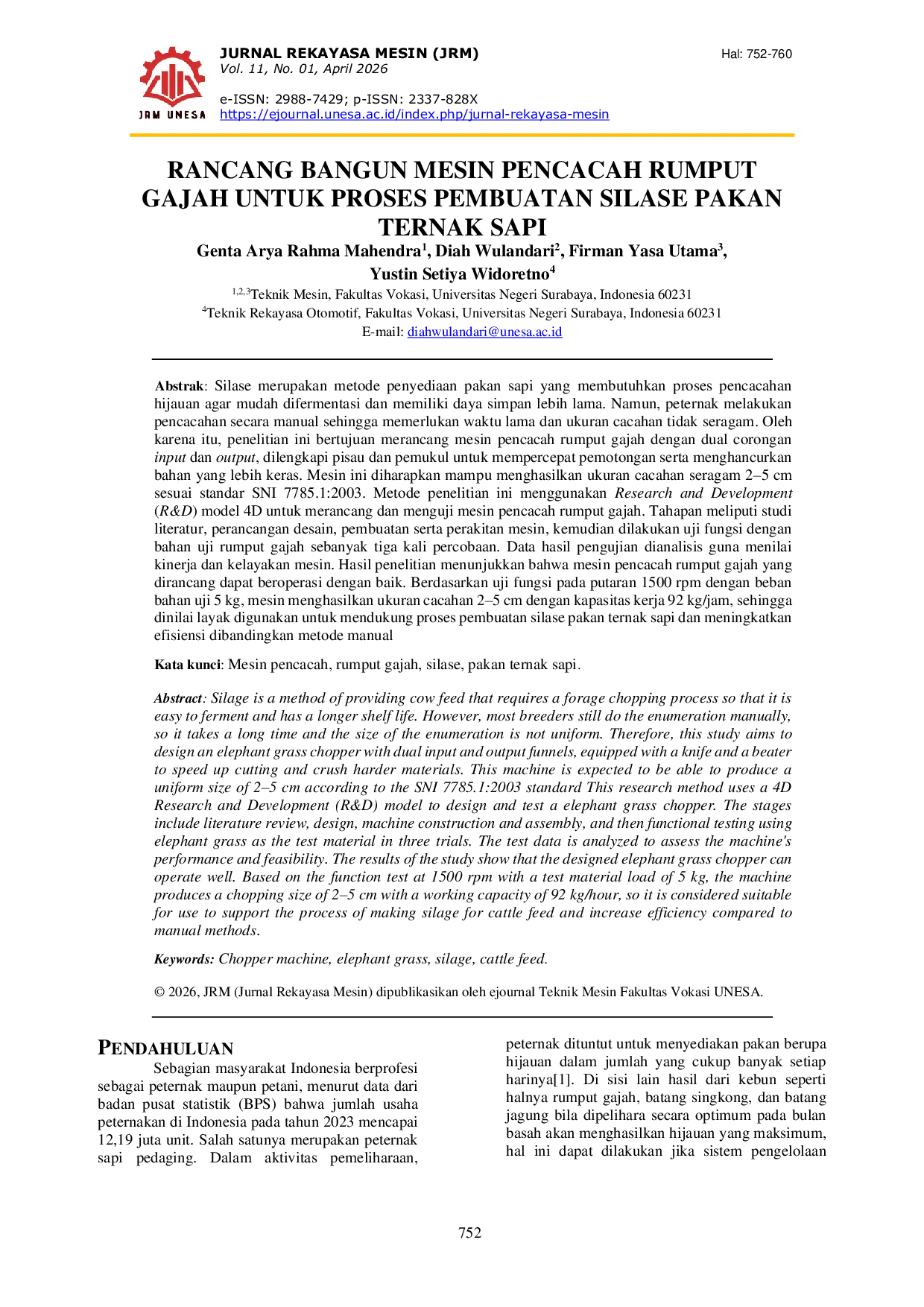JURIS Rancang Bangun Mesin Pencacah Rumput Gajah untuk Proses Pembuatan Silase Pakan Ternak Sapi