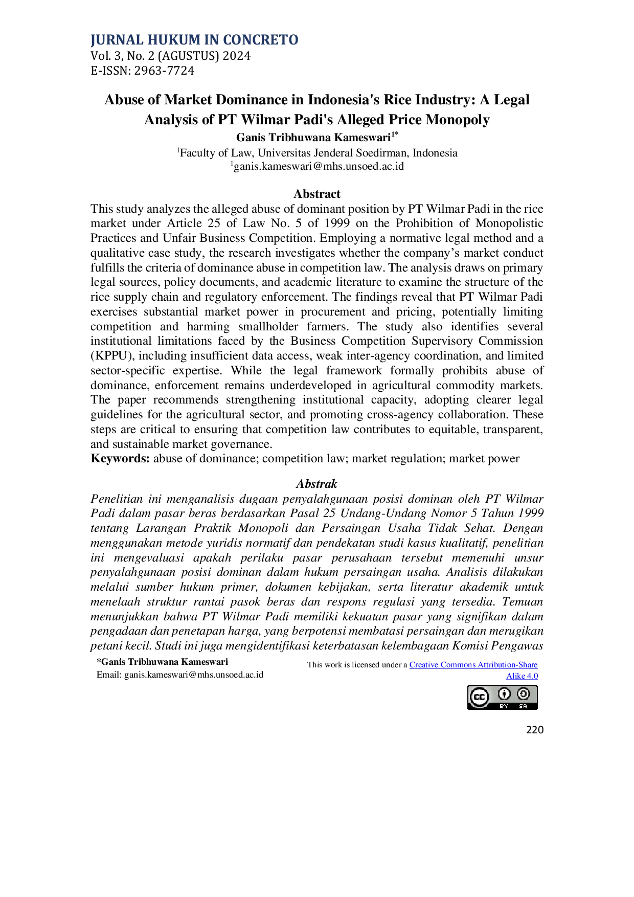 JURIS Abuse of Market Dominance in Indonesia s Rice Industry A Legal Analysis of PT Wilmar Padi s Alleged Price Monopoly