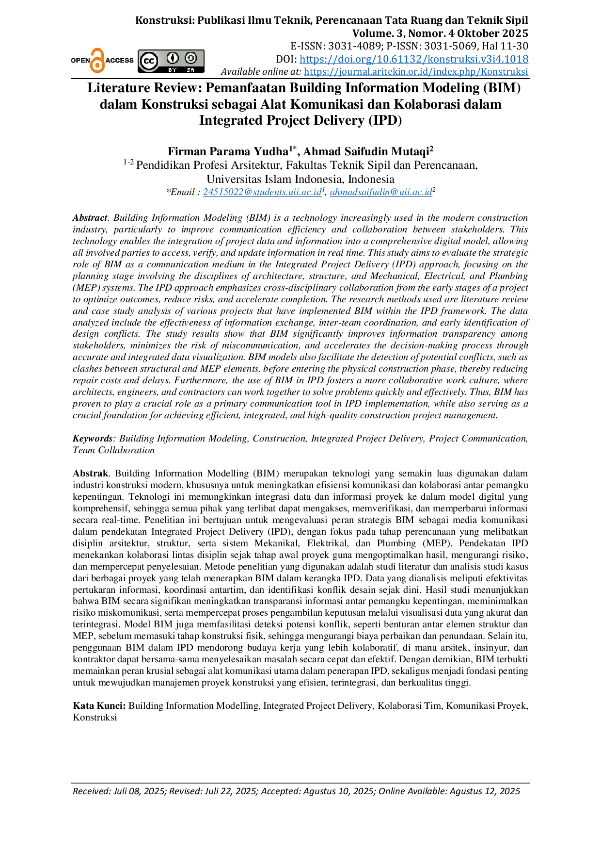 JURIS Literature Review Pemanfaatan Building Information Modeling BIM dalam Konstruksi sebagai Alat Komunikasi dan Kolaborasi dalam Integrated Project Delivery IPD