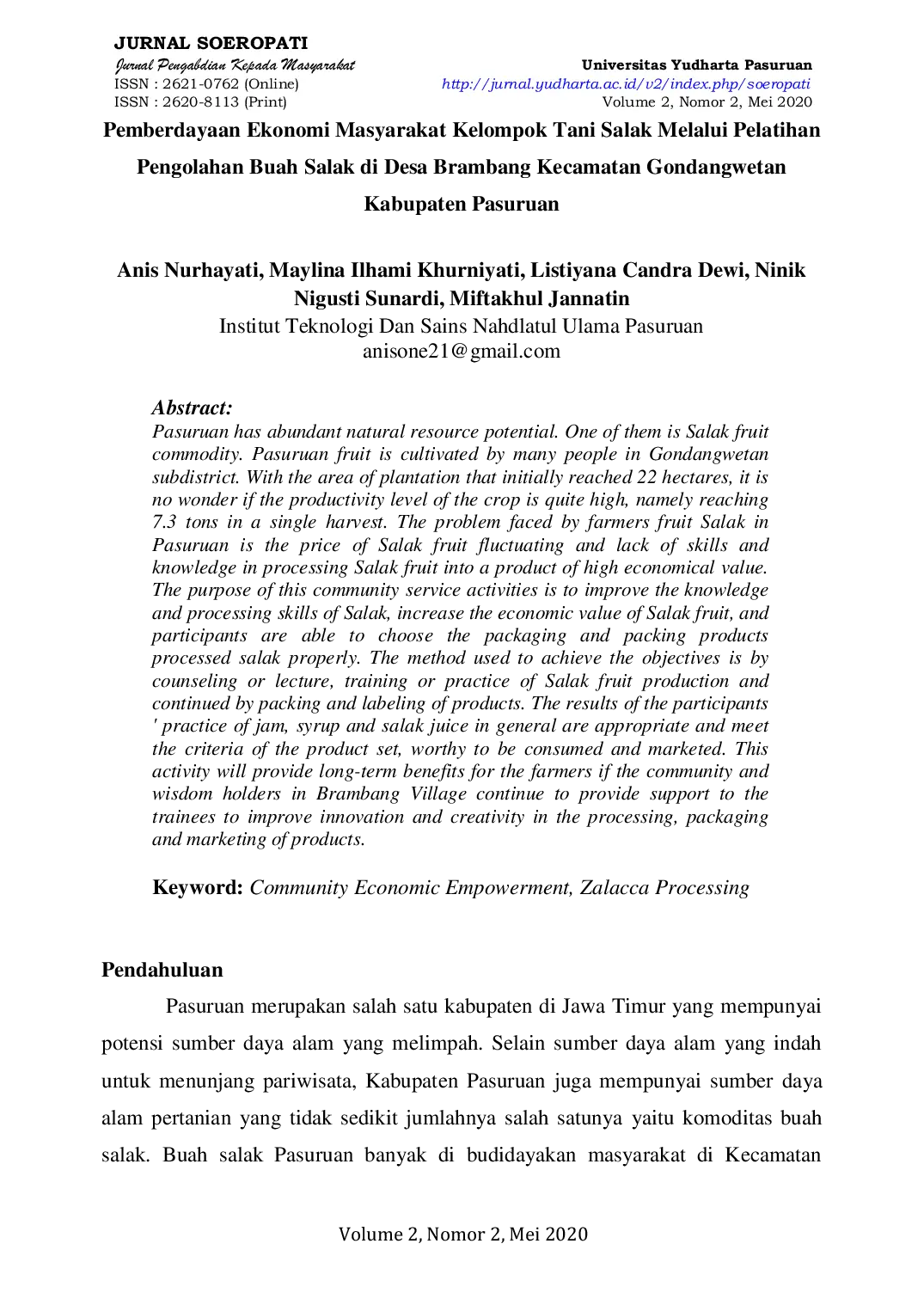 JURIS Pemberdayaan Ekonomi Masyarakat Kelompok Tani Salak Melalui Pelatihan Pengolahan Buah Salak di Desa Brambang Kecamatan Gondangwetan Kabupaten Pasuruan