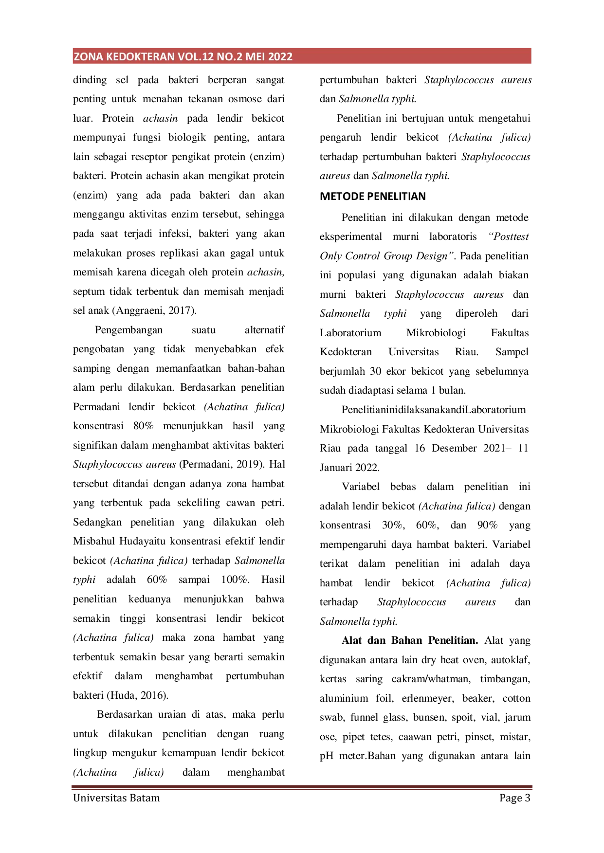 JURIS Uji Daya Hambat Lendir Bekicot Achatina Fulica terhadap Pertumbuhan Bakteri Staphylococcus Aureus dan Salmonella Typhi