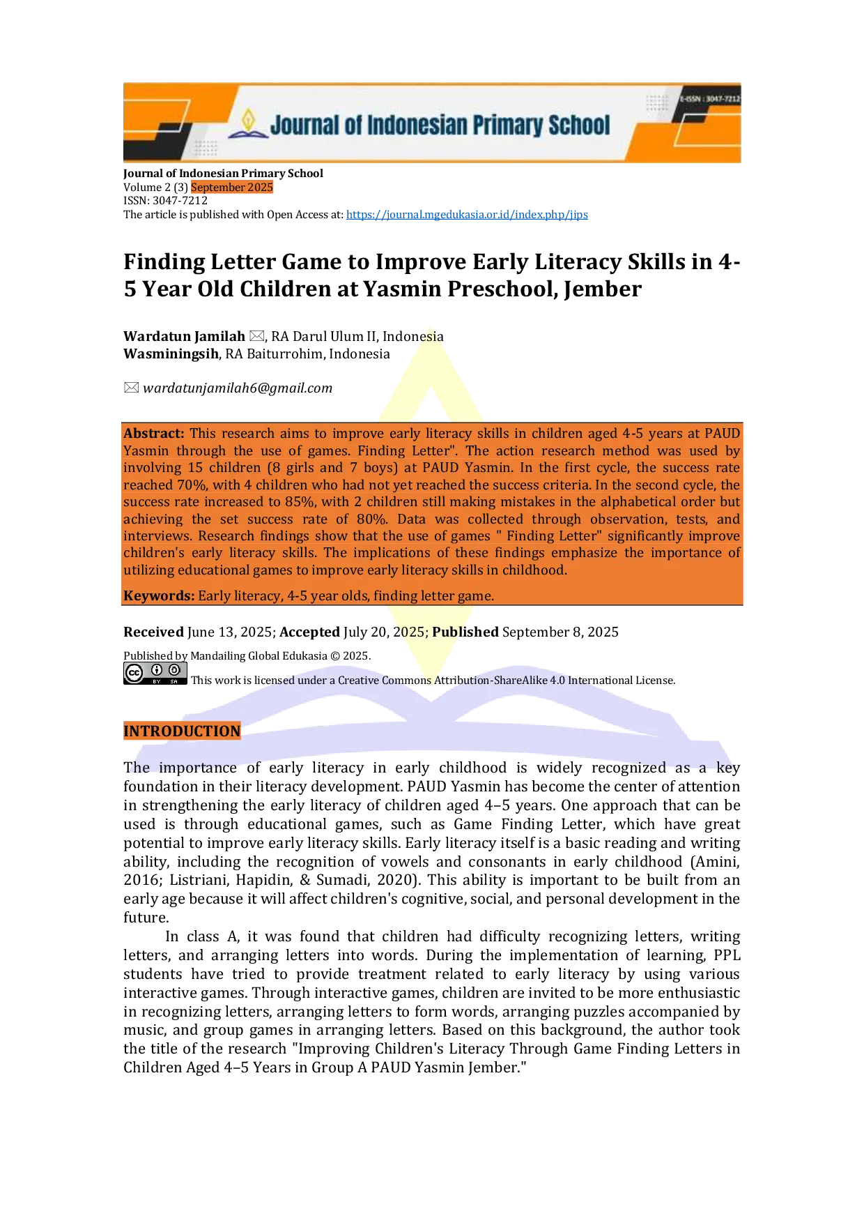 JURIS Finding Letter Game to Improve Early Literacy Skills in 4 5 Year Old Children at Yasmin Preschool Jember